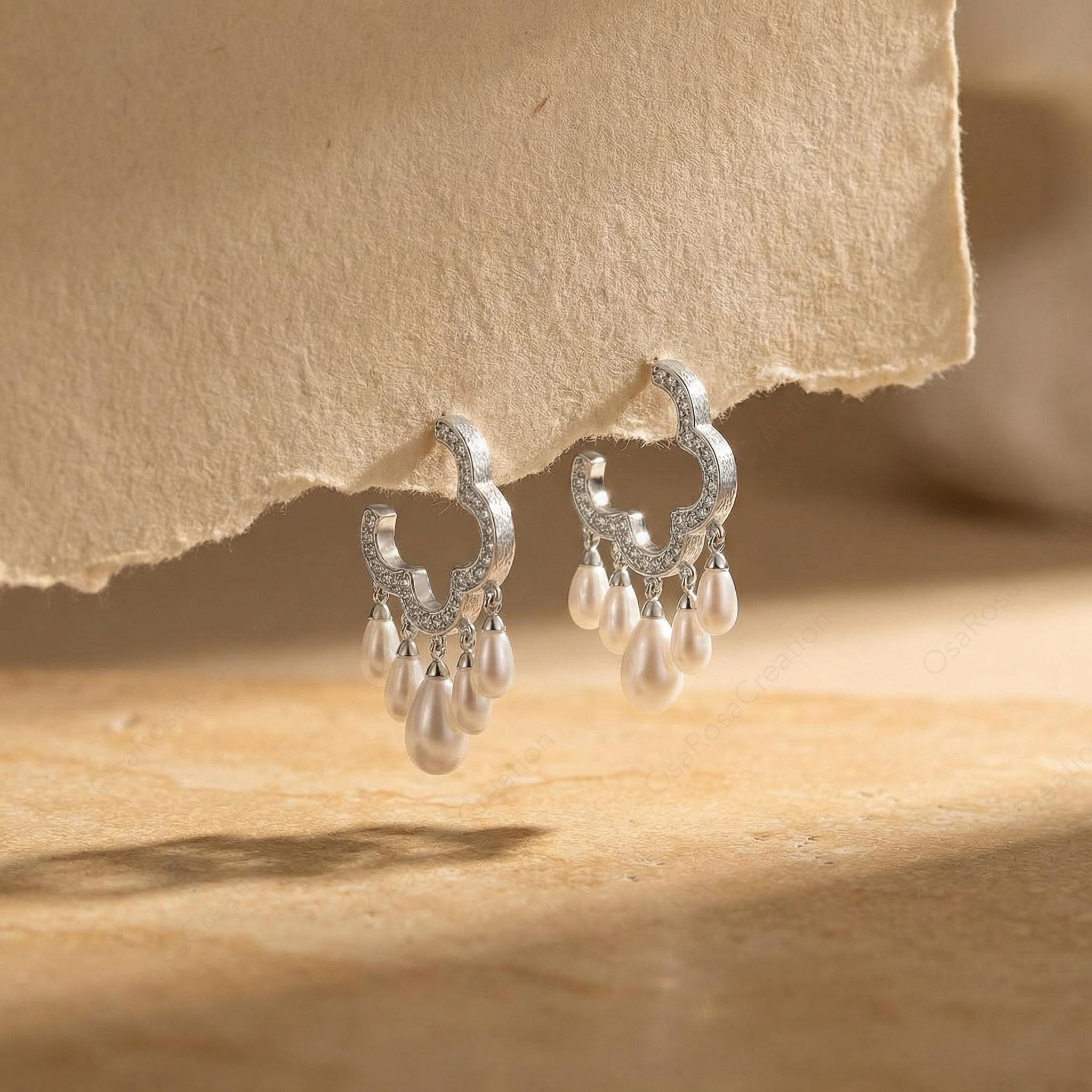 Art Deco Pearl Chandelier Earrings, Sterling Silver Bridal Drop Jewelry