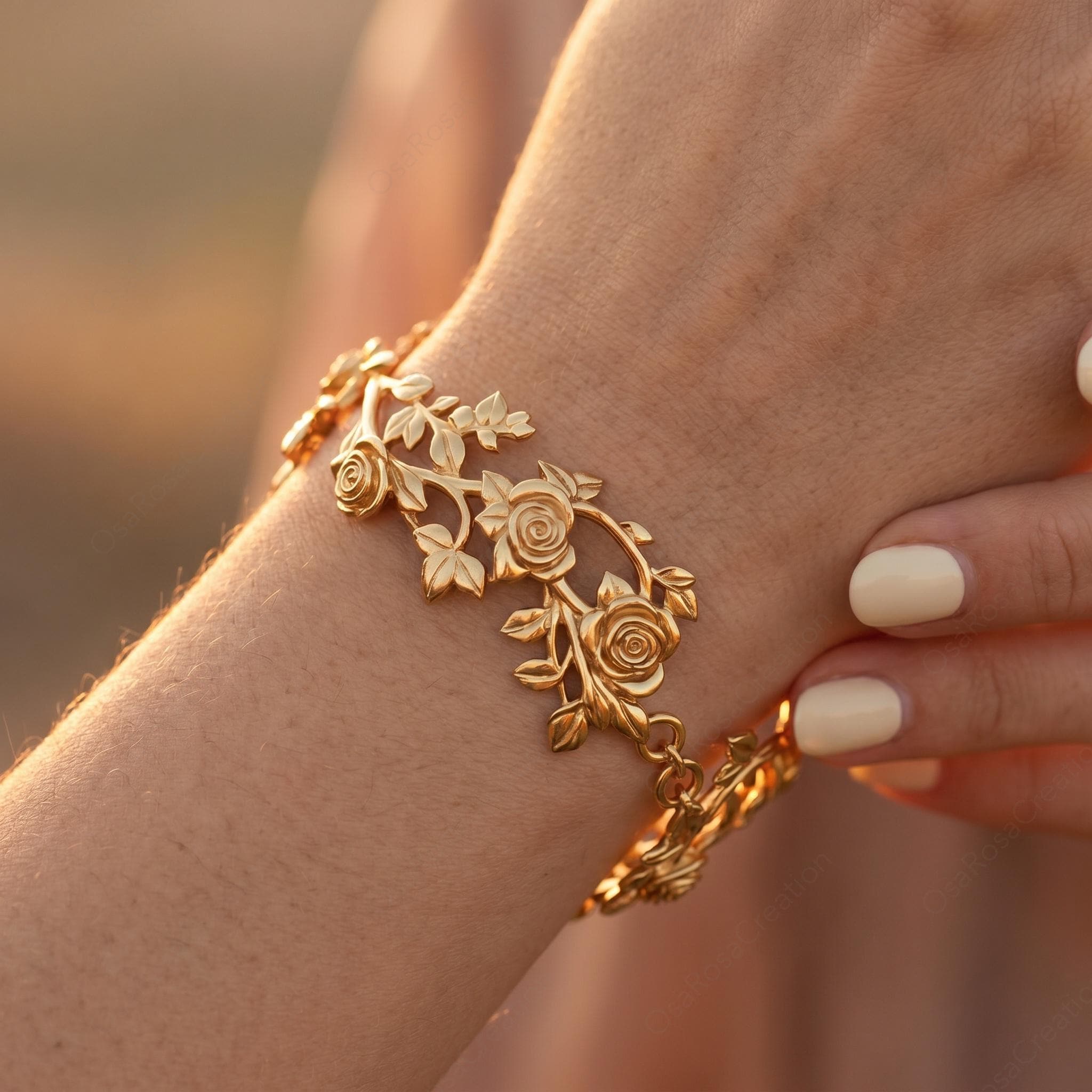 18k Gold Plated Rose Vine Bracelet • Art Nouveau Floral Cuff