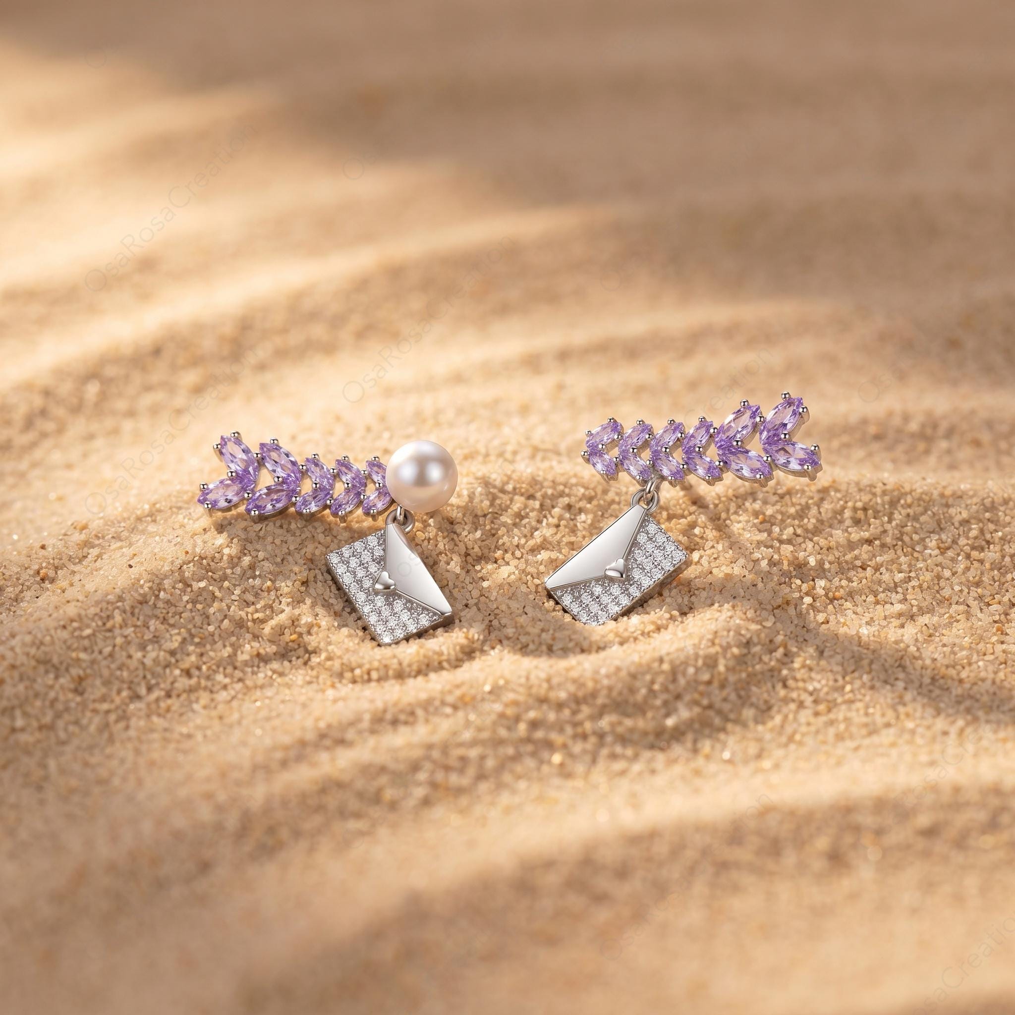 Sterling Silver Envelope Drop Earrings, Purple Leaf Pearl Dangles, Bridal Jewelry