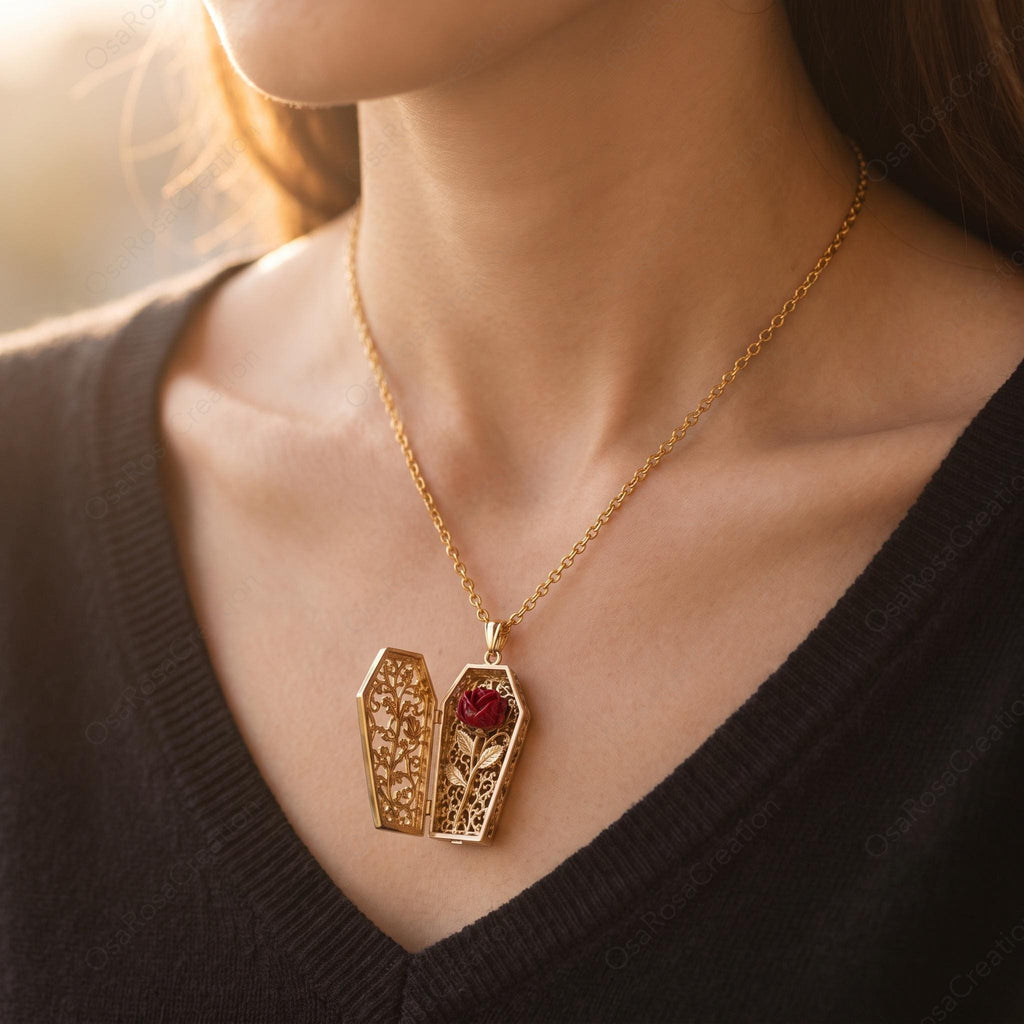 Vintage Gold Coffin Locket Necklace, Red Rose Filigree Pendant, Gothic Romance Jewelry, Victorian Secret Locket, Dark Academia Gift for Her