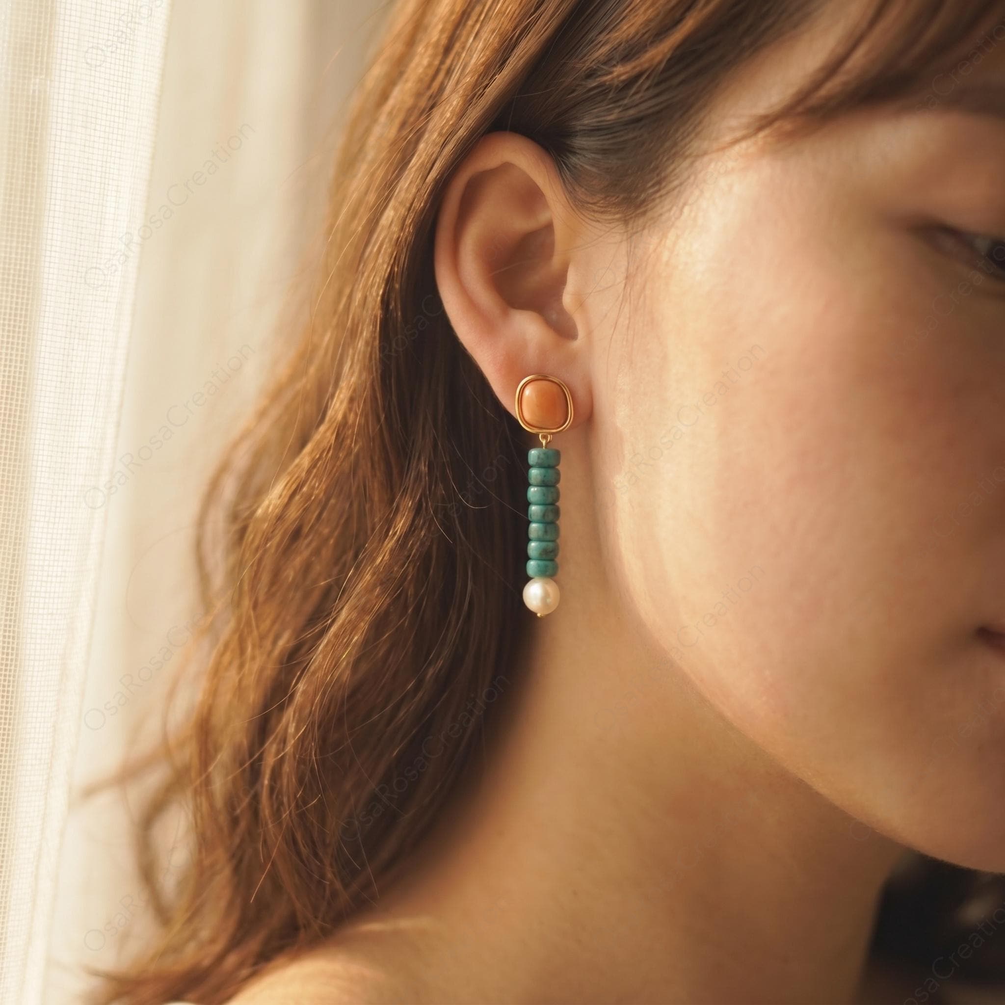 Turquoise Pearl Drop Earrings, Mediterranean Coastal Jewelry, Coral Orange Gemstone Dangles, Artistic Boho Chic, Summer Vacation Gift