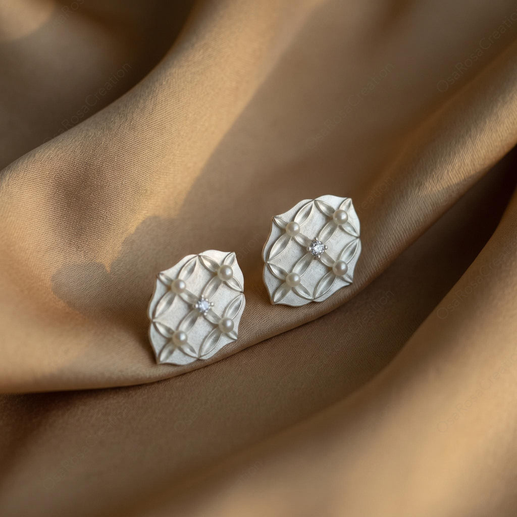 Silver Vintage Style Stud Earrings, Geometric Pearl Earrings, Art Deco Floral Studs