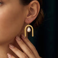 Gold Arch Pearl Earrings | Minimalist Dangle, 925 Silver Posts