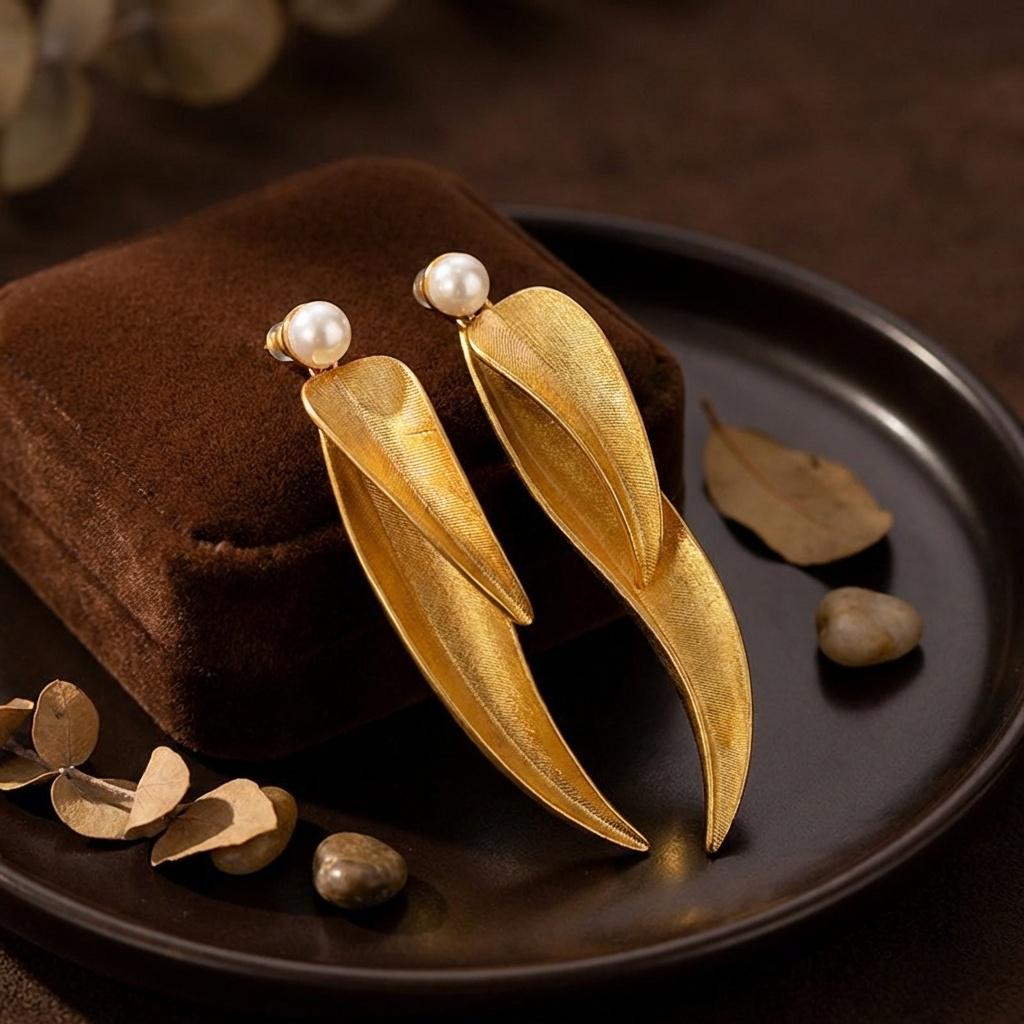 Brushed Gold Leaf Earrings • Pearl Dangle, Botanical Jewelry