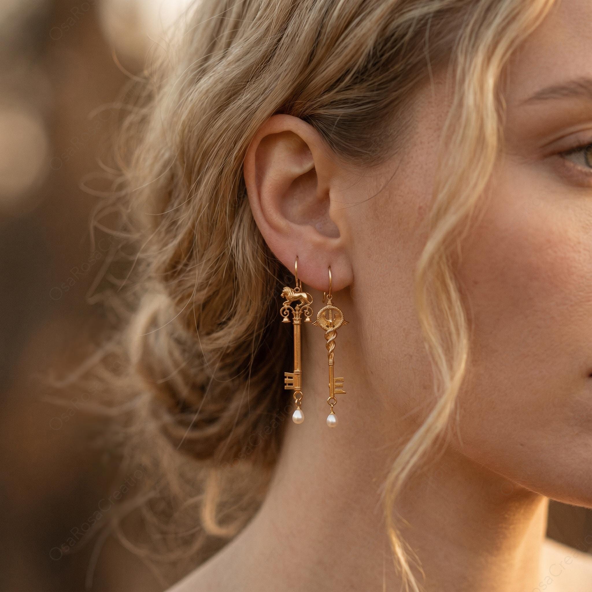 Mismatched Key Earrings • Lion & Caduceus • Pearl Drop, Sterling Silver Hooks