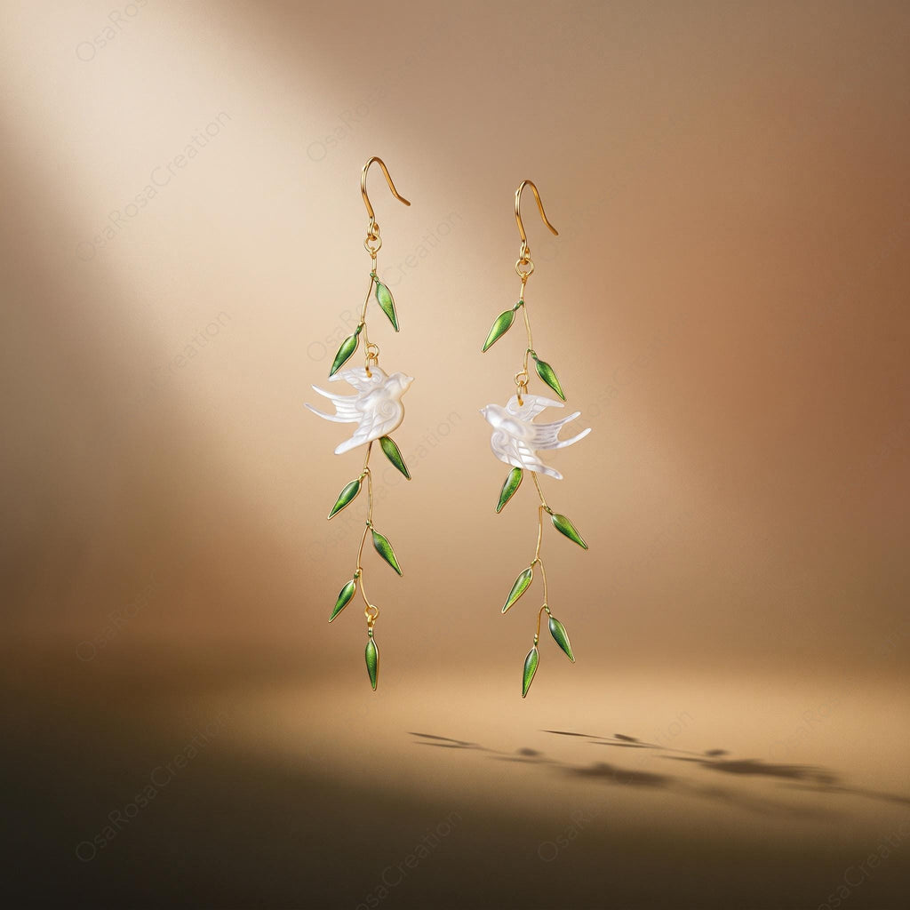 Mother of Pearl Bird Earrings, Gold Enamel Leaf Vine Dangle Jewelry