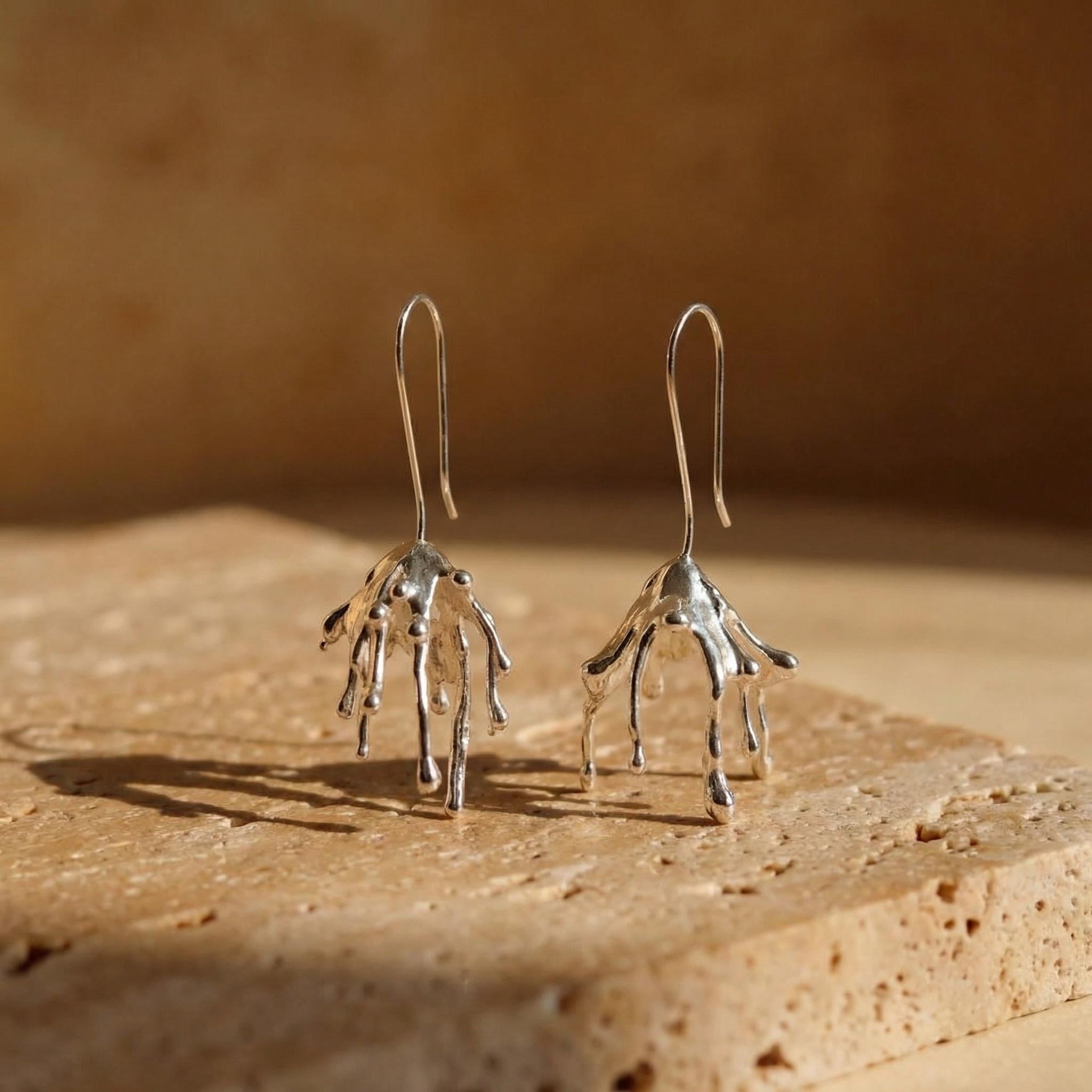 Molten Liquid Metal Dangle Earrings – Surrealist Sterling Silver Drop Jewelry
