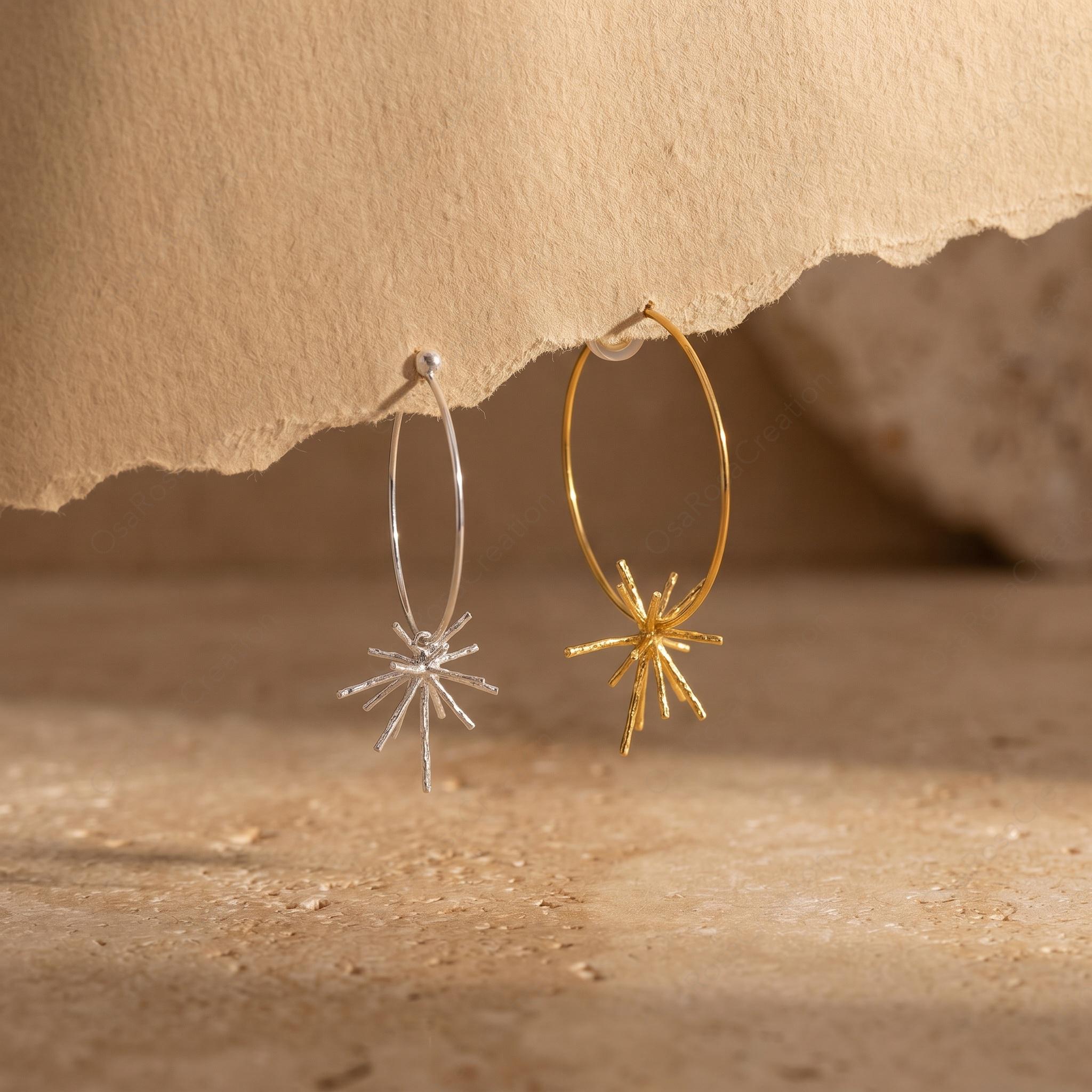 Hammered Gold Sunburst Hoop Earrings, Celestial Starburst Dangle Jewelry