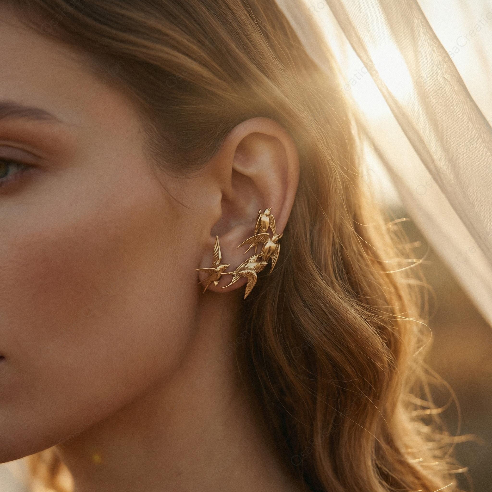 Gold Swallow Flock Earrings: Sculptural Bird Clip-on, Nature Inspired Artistic Jewelry