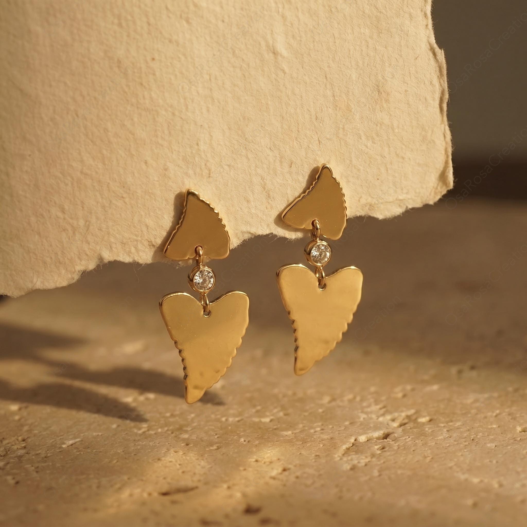 Organic Heart Drop Earrings, Textured Gold Dangle Artisan Jewelry