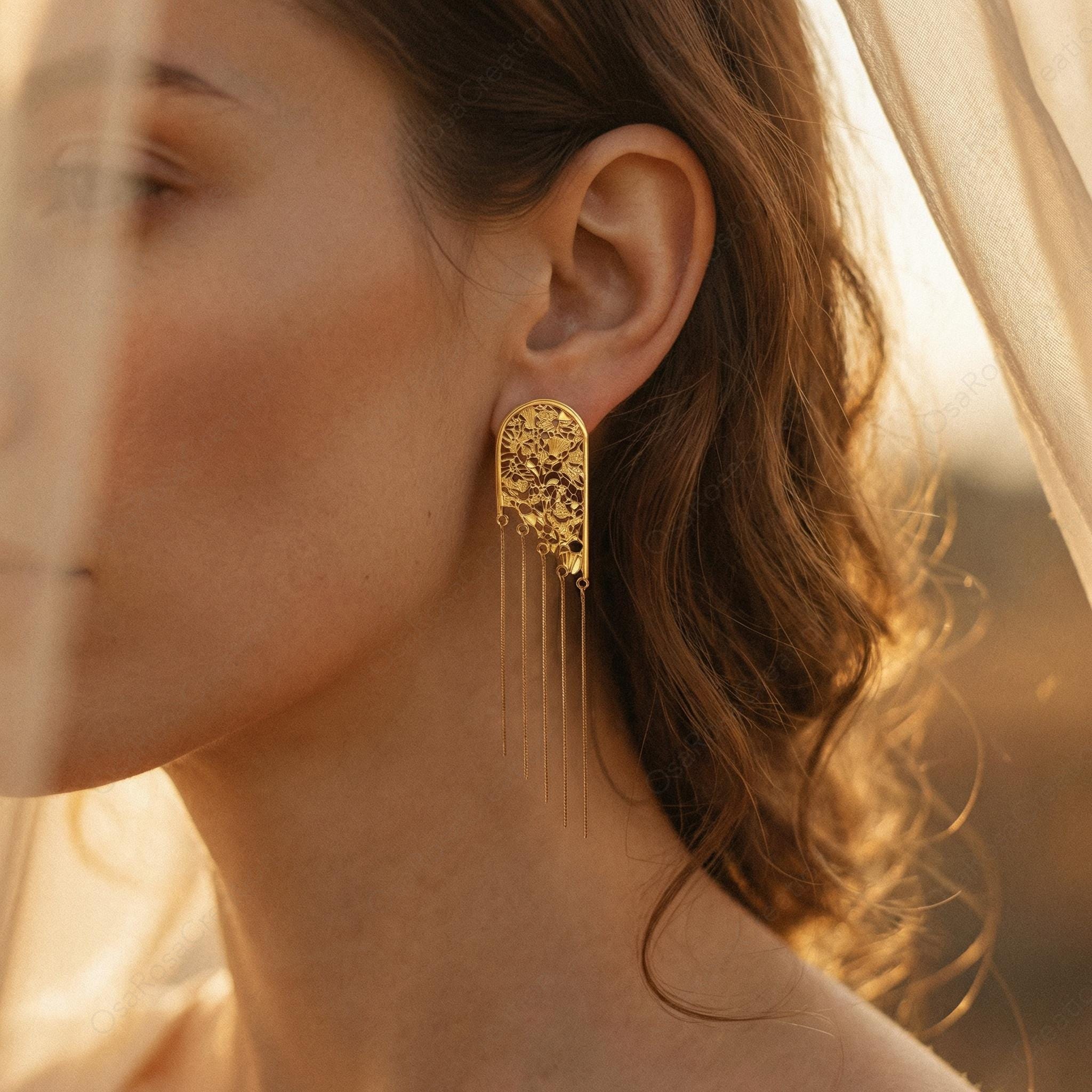 Vintage Gold Floral Arch Dangle Earrings – Botanical Lace Fringe, Romantic Wedding Jewelry (Clip-on)