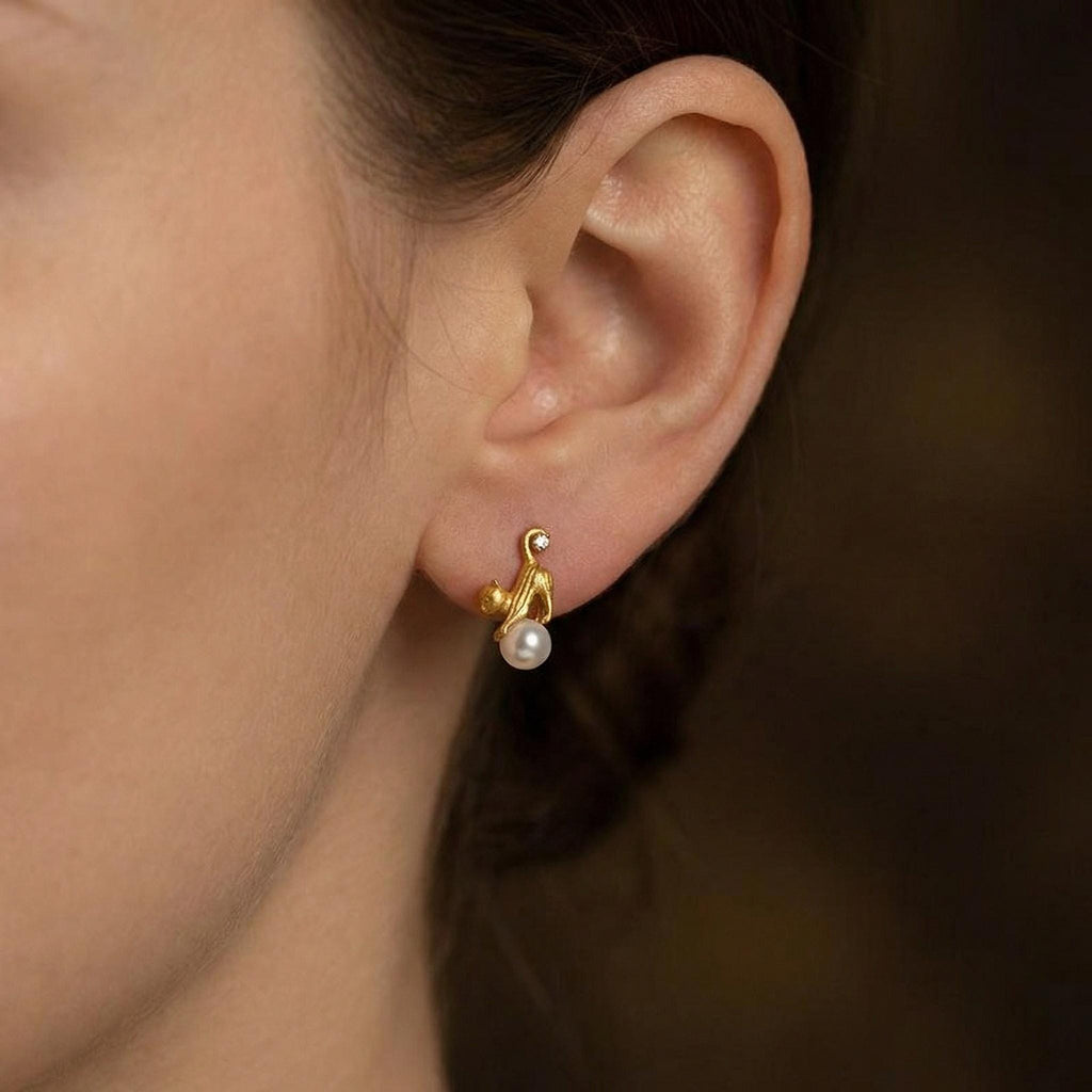 Textured Gold Cat Pearl Earrings • Playful Kitten Studs, Mismatched Animal Jewelry