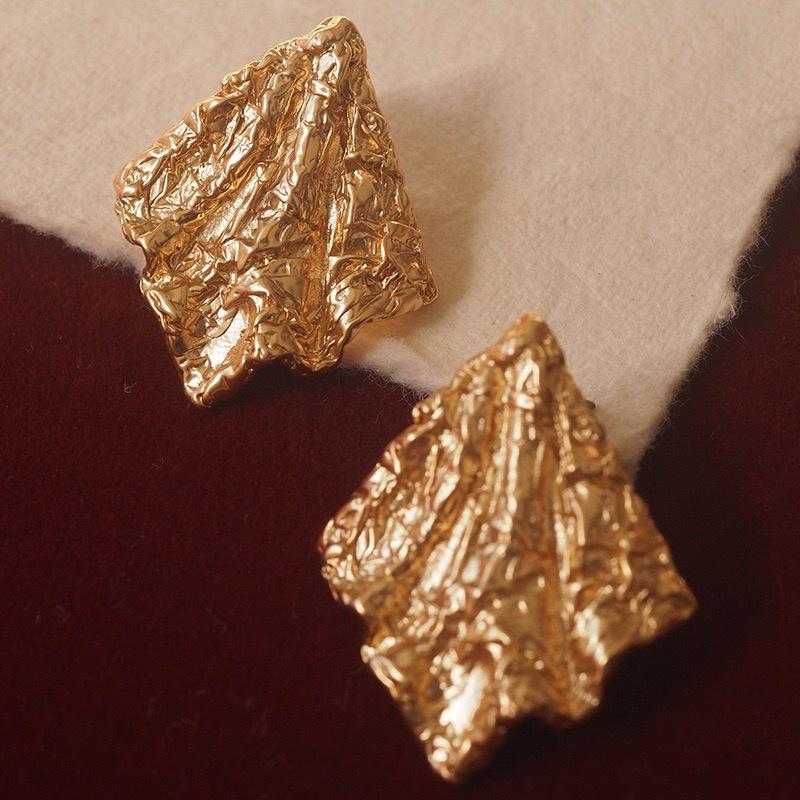 Gold Crumpled Texture Stud Earrings, Modern Minimalist, Sterling Silver Post