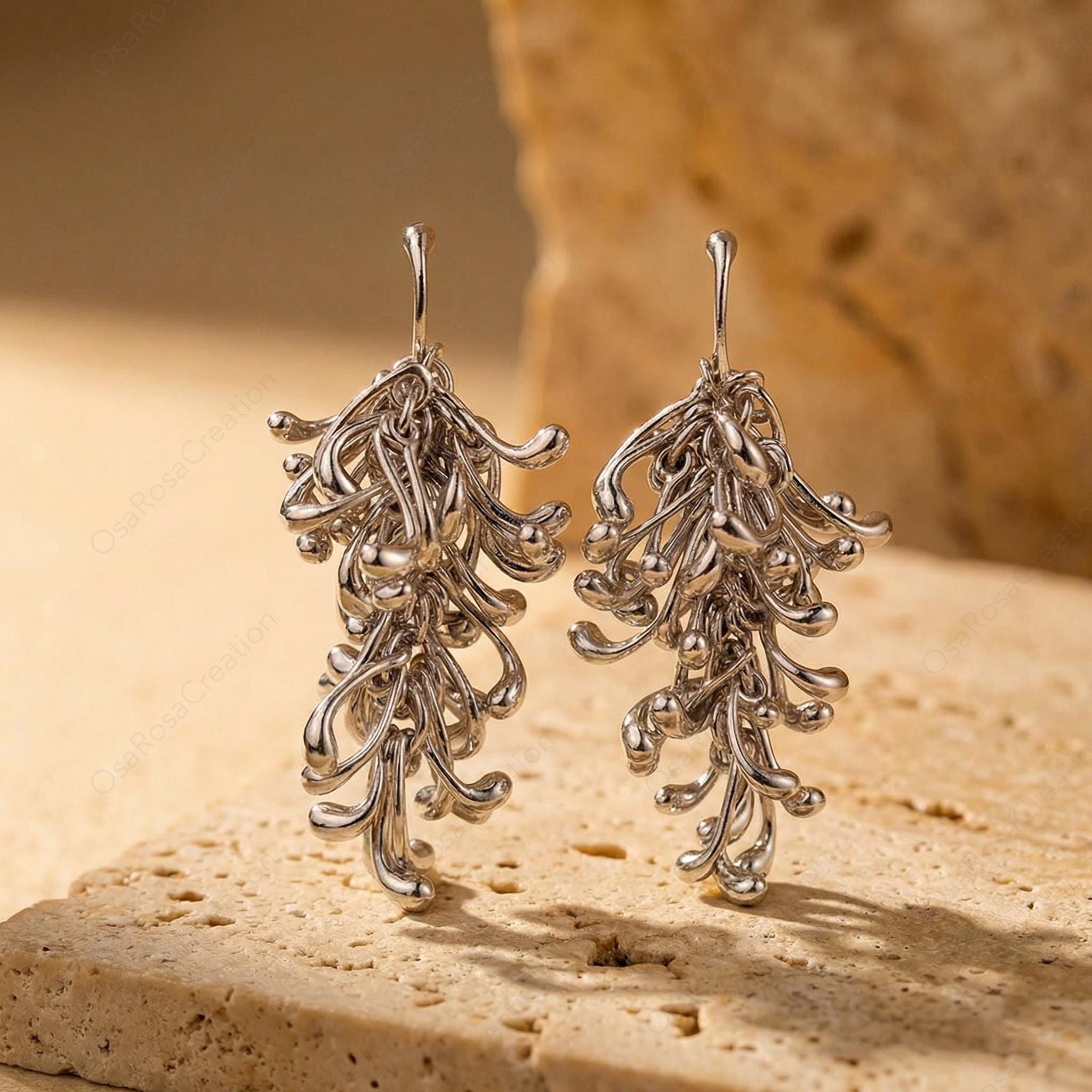 Sterling Silver Post Branch Dangle Earrings, Sculptural Botanical Art Jewelry