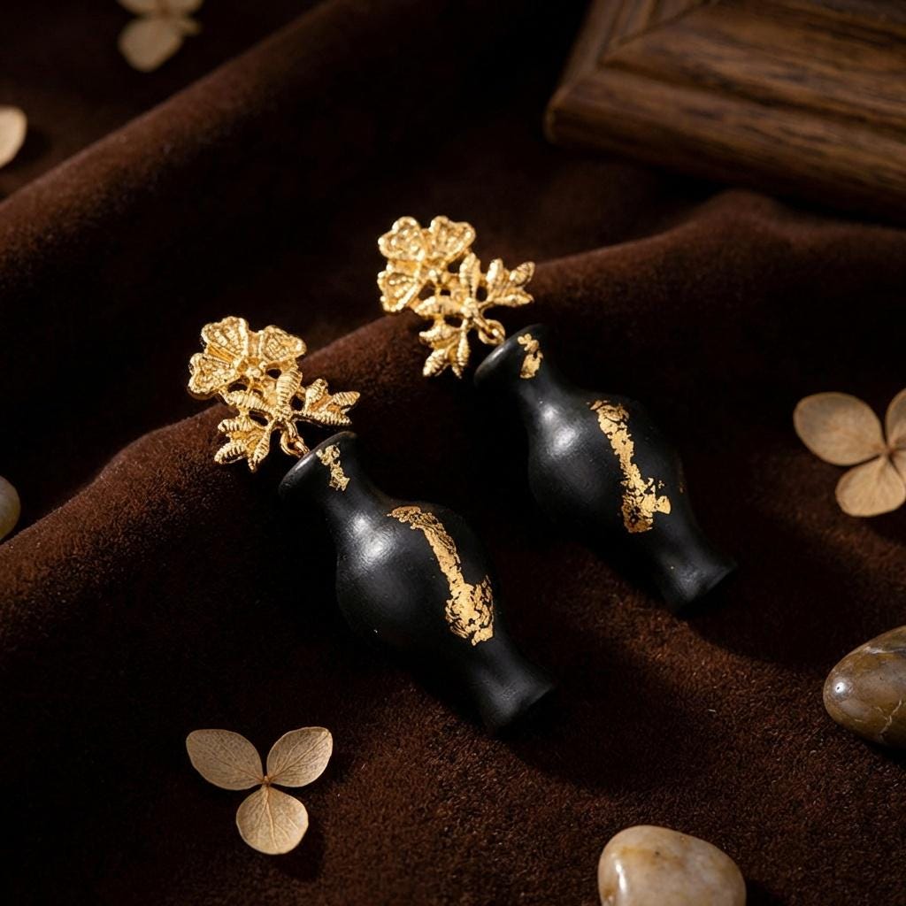 Kintsugi Vase Earrings • Gold Foil Black Ebony Style Drop