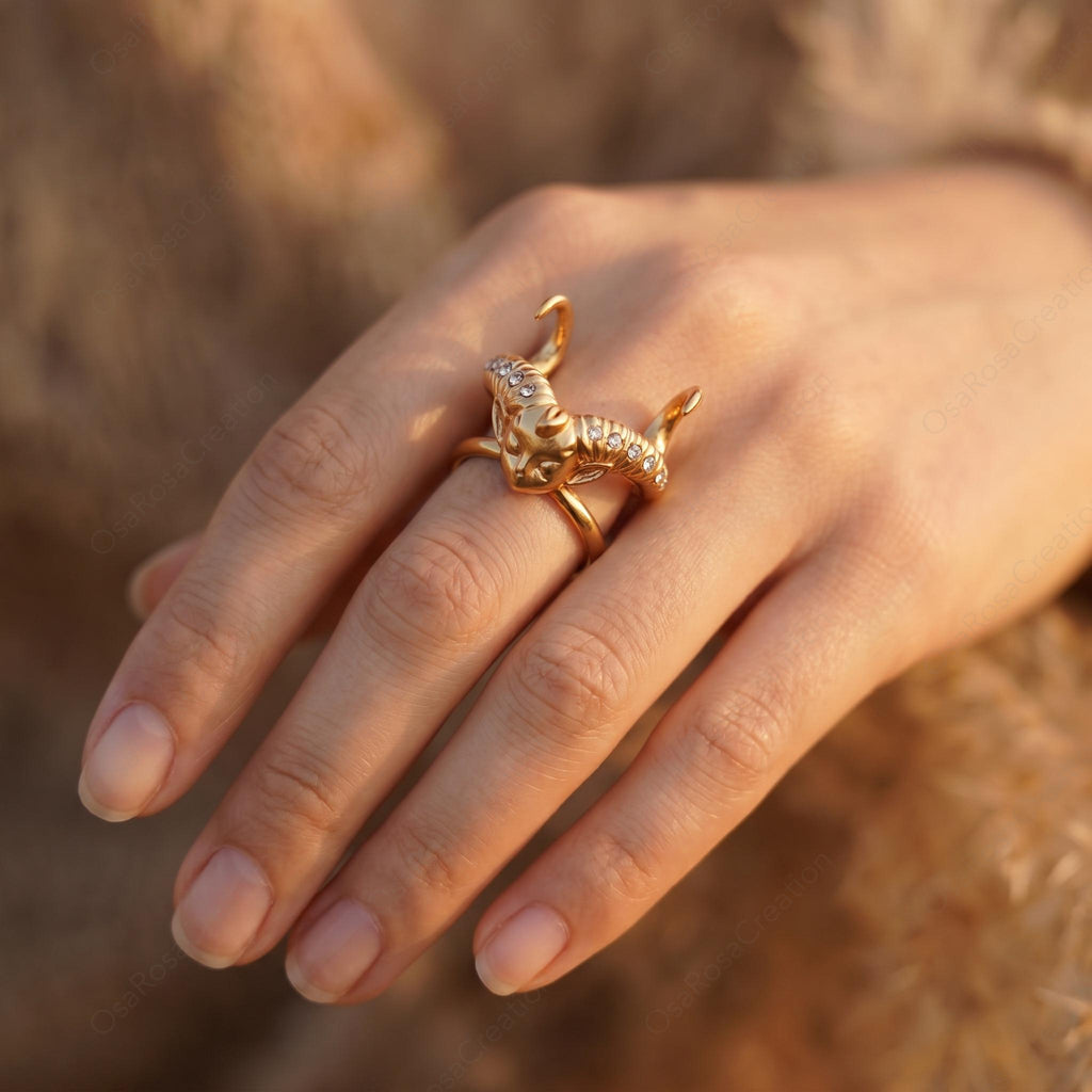 Sculptural Sea Goat Ring, Gold Capricorn Zodiac Jewelry, Crystal Horn Animal Statement Ring