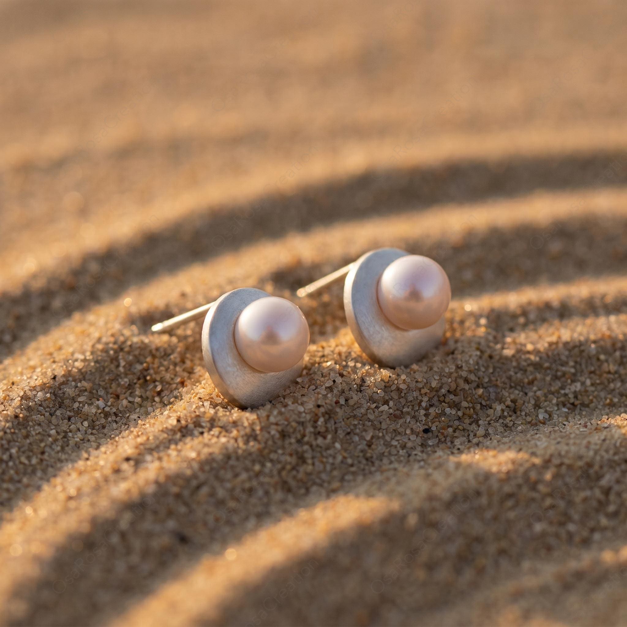 Matte Silver Pearl Stud Earrings, Geometric Minimalist Bridal Jewelry, Modern Elegant Everyday