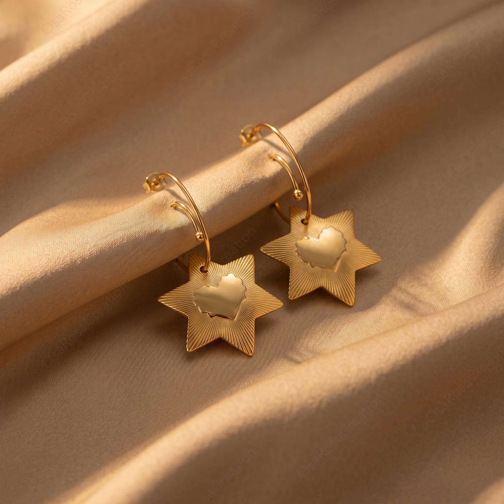 Gold Star Heart Hoop Earrings, Vintage Sunburst Celestial Dangle Jewelry
