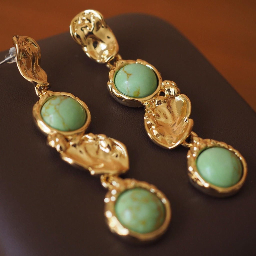 Gold Turquoise Dangle Earrings, Baroque Sculptural Jewelry, 925 Silver Post