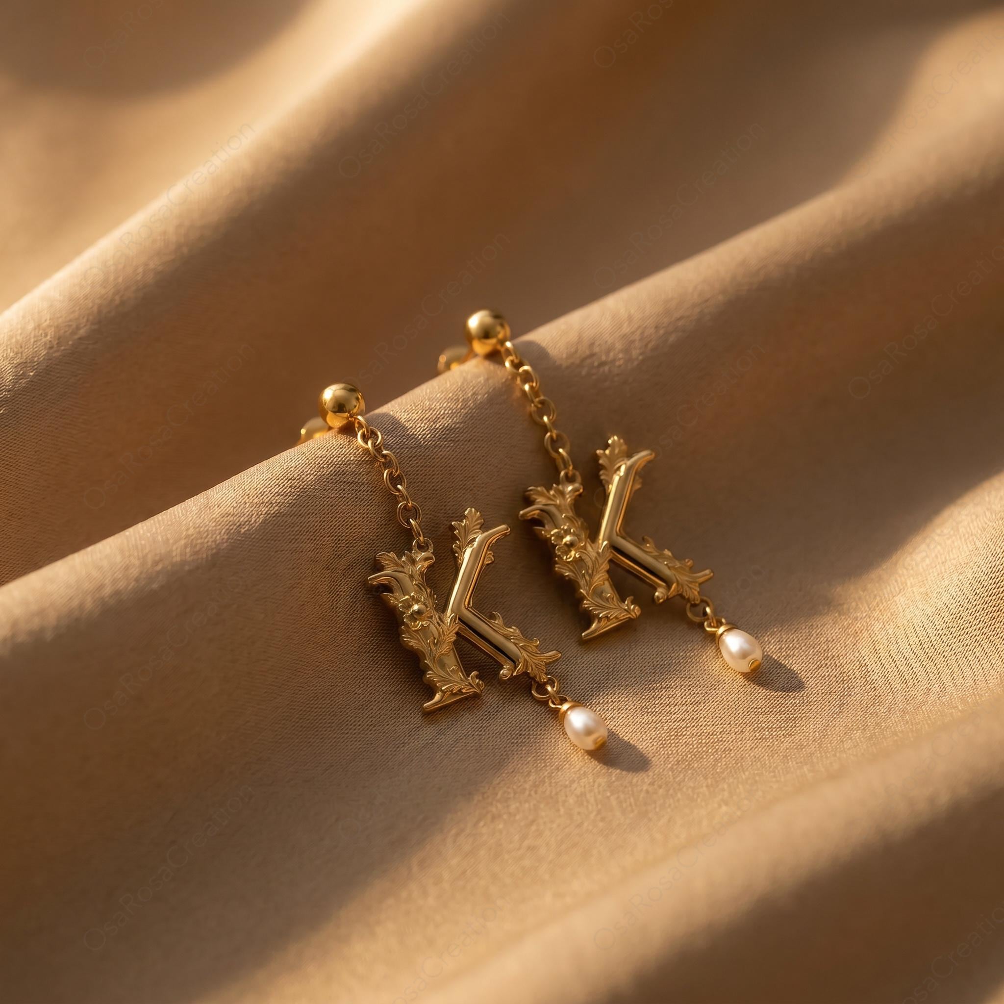Baroque Letter K Earring • Gold Initial with Pearl Drop