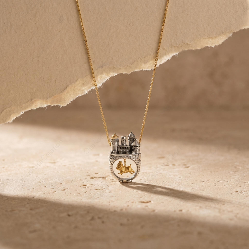 Mixed Metal Castle Dog Pendant Necklace, Fairytale Miniature Jewelry, Artistic Silver Choker
