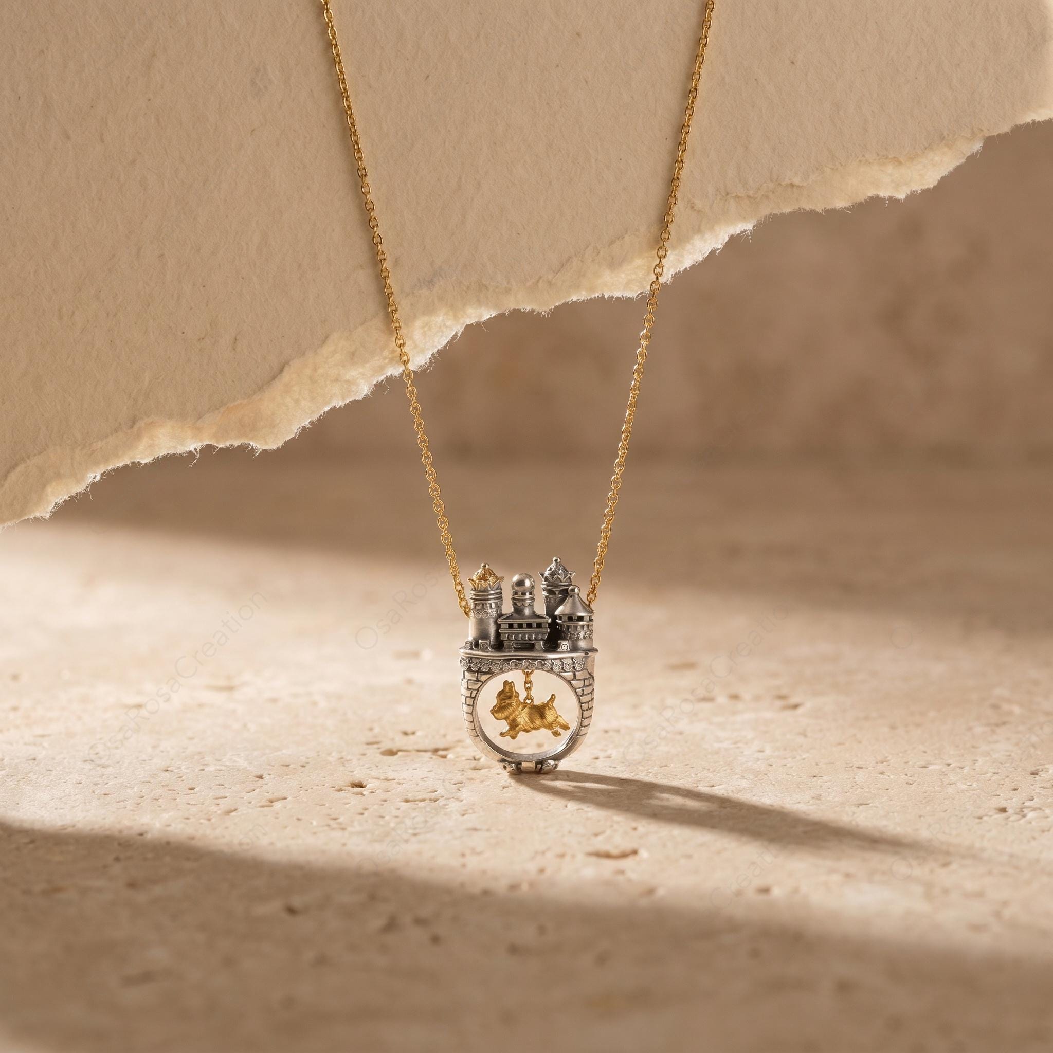 Mixed Metal Castle Dog Pendant Necklace, Fairytale Miniature Jewelry, Artistic Silver Choker