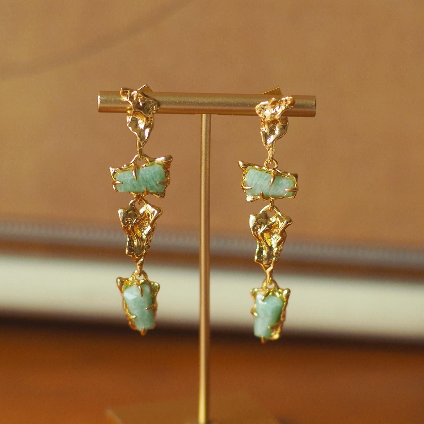 Gold Jade Dangle Earrings, Sculptural Baroque Style, Sterling Silver Post