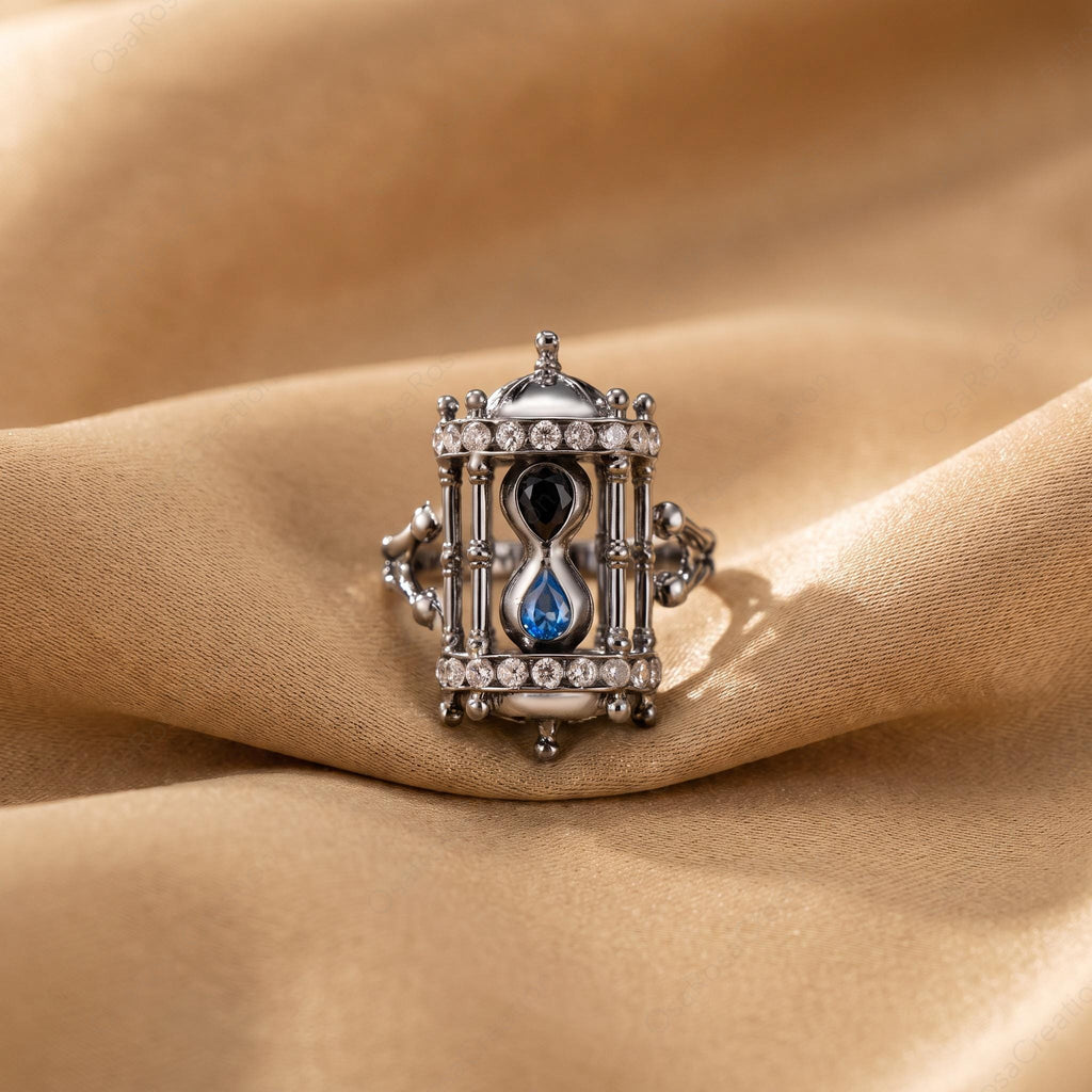 Vintage Hourglass Ring, Oxidized Silver Statement, Dark Academia Blue Gemstone