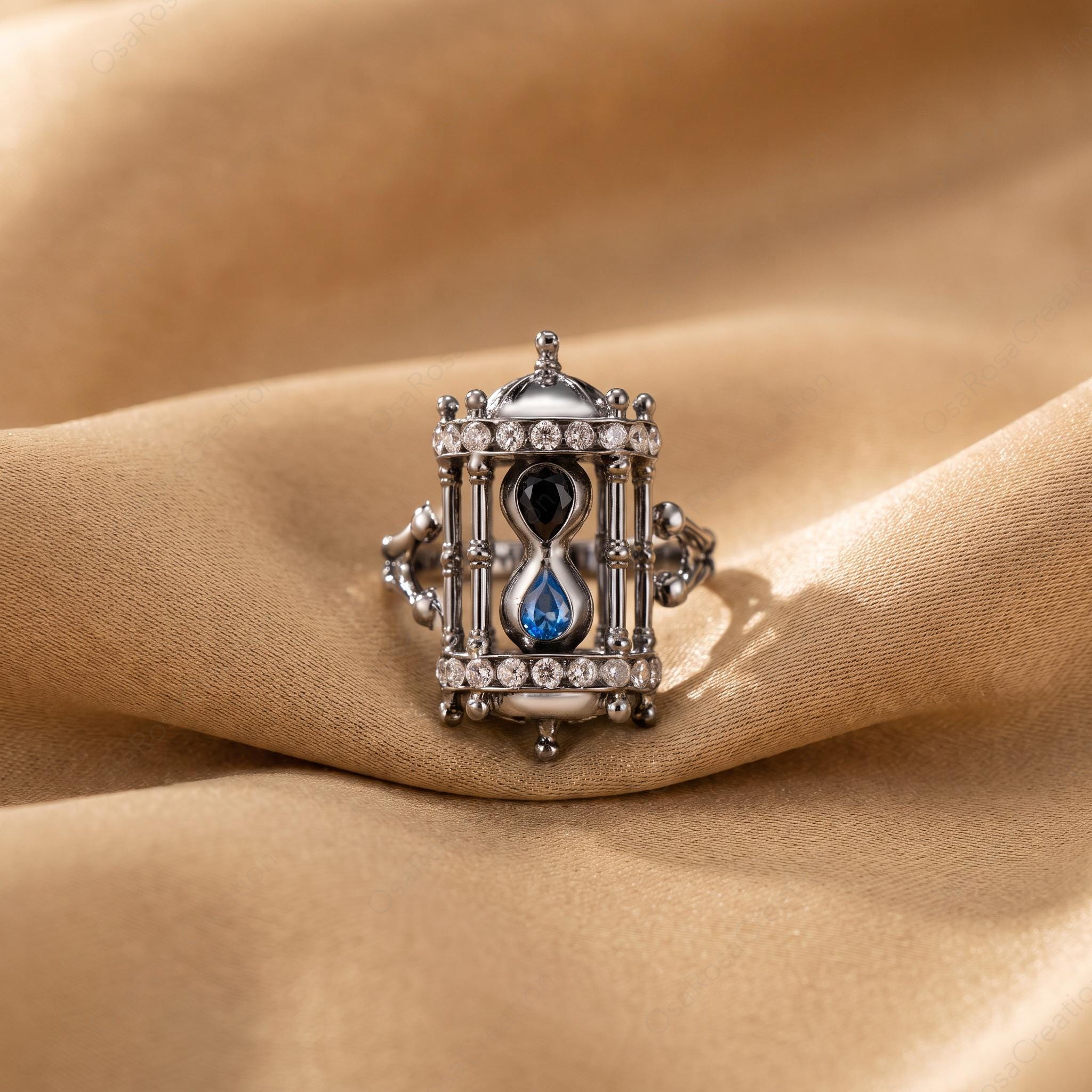 Vintage Hourglass Ring, Oxidized Silver Statement, Dark Academia Blue Gemstone