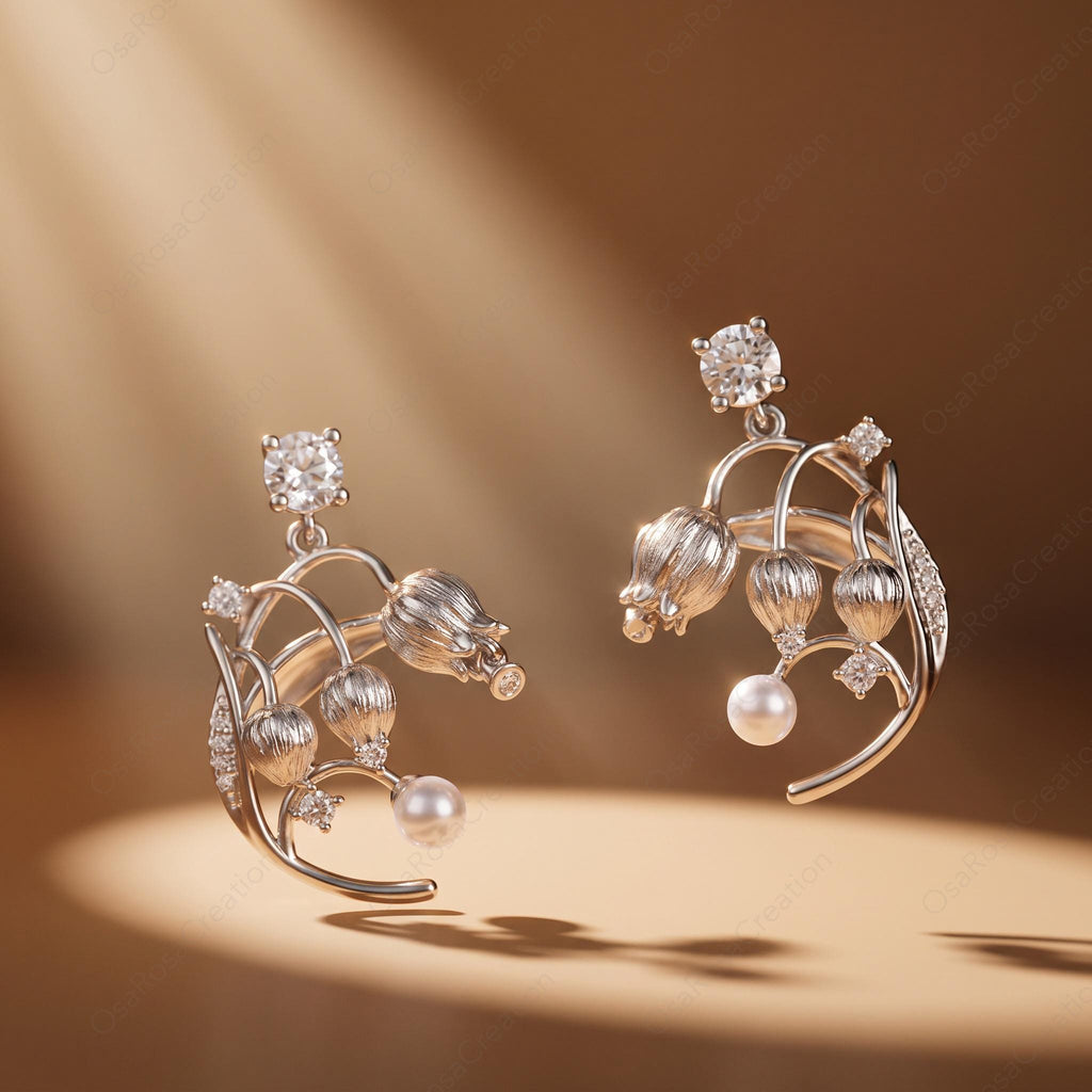 Silver Lily of the Valley Earrings, Pearl Drop Botanical Jewelry