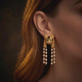 Egyptian Cat Earrings • Bastet Goddess Pearl Tassel • Art Deco Jewelry