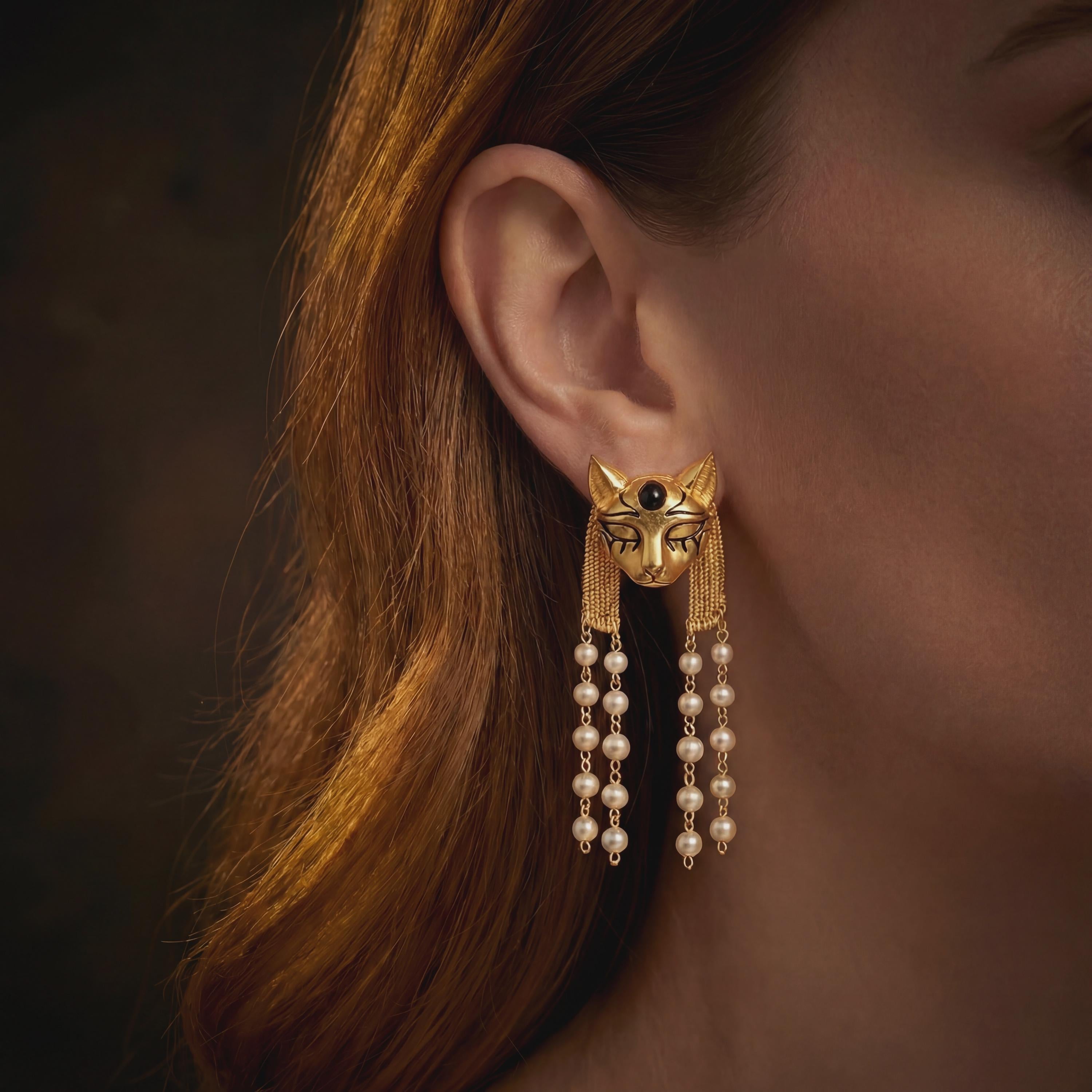 Egyptian Cat Earrings • Bastet Goddess Pearl Tassel • Art Deco Jewelry