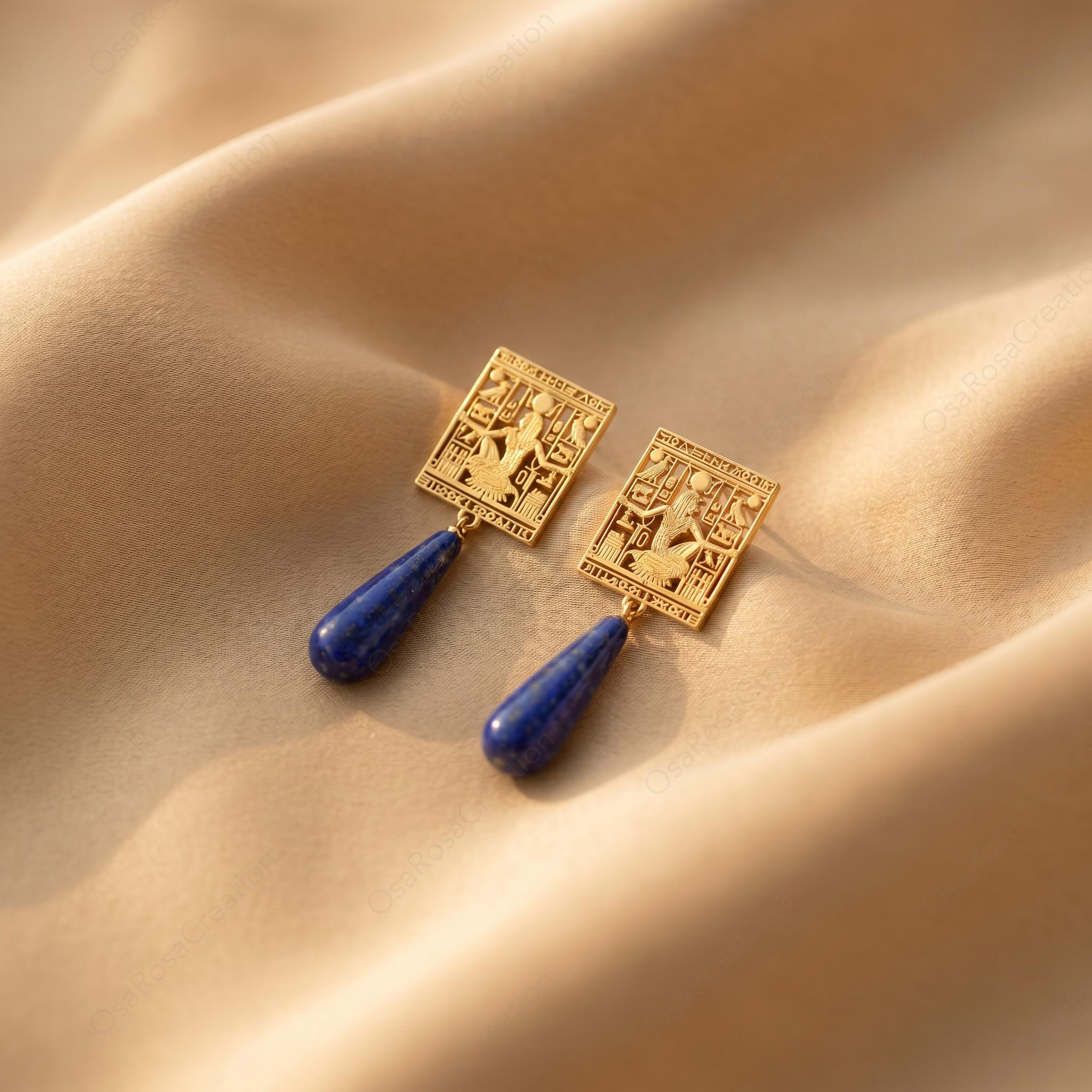 Ancient Egyptian Earrings with Lapis Lazuli Drop | Egyptian Goddess Jewelry