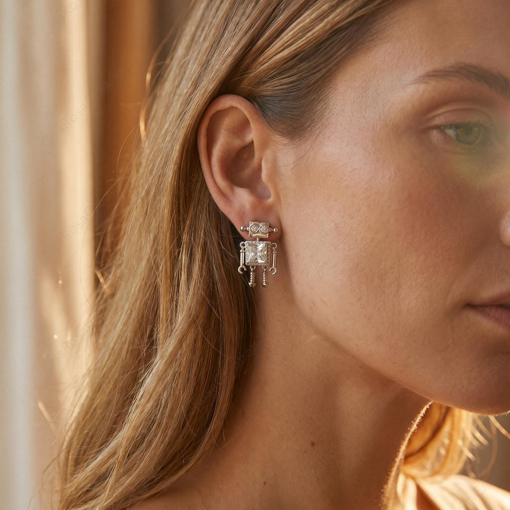 Sterling Robot Crystal Dangle Earrings, Retro Futuristic Geometric Jewelry