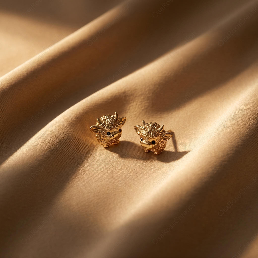 Gold Highland Cow Stud Earrings, Dainty Nature Inspired Jewelry, Sterling Silver Posts