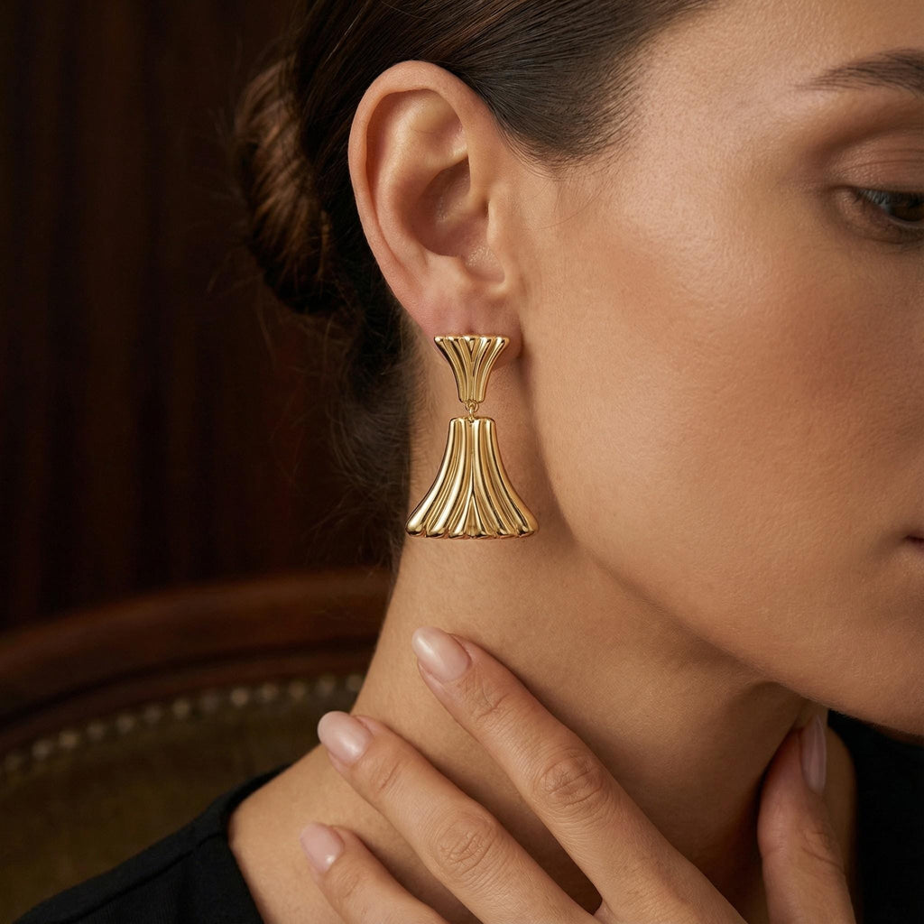 Gold Fan Drop Earrings, Greek Mythology Inspired Statement Earrings, Sculptural Gold Earrings for Women, Elegant Gift