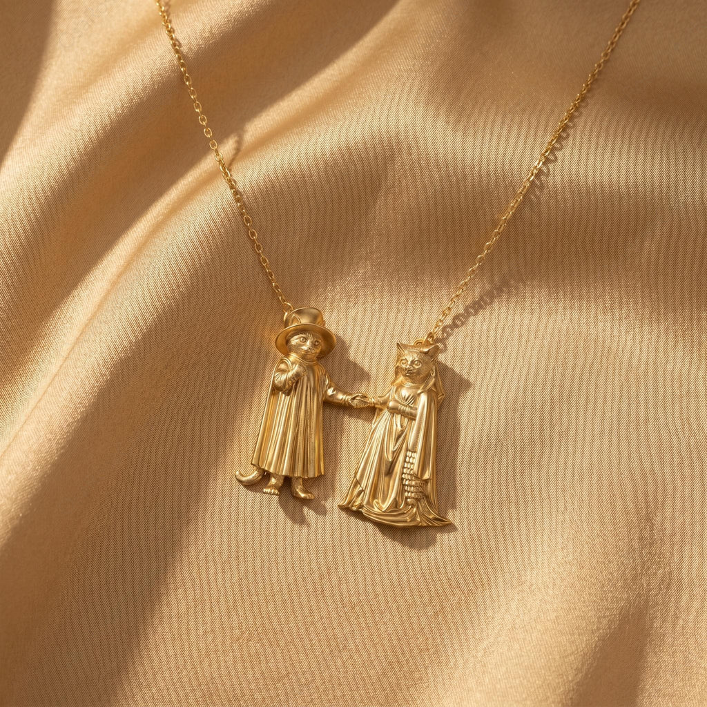 Arnolfini Inspired Cat Wedding Necklace | Gold Plated Brass Pendant