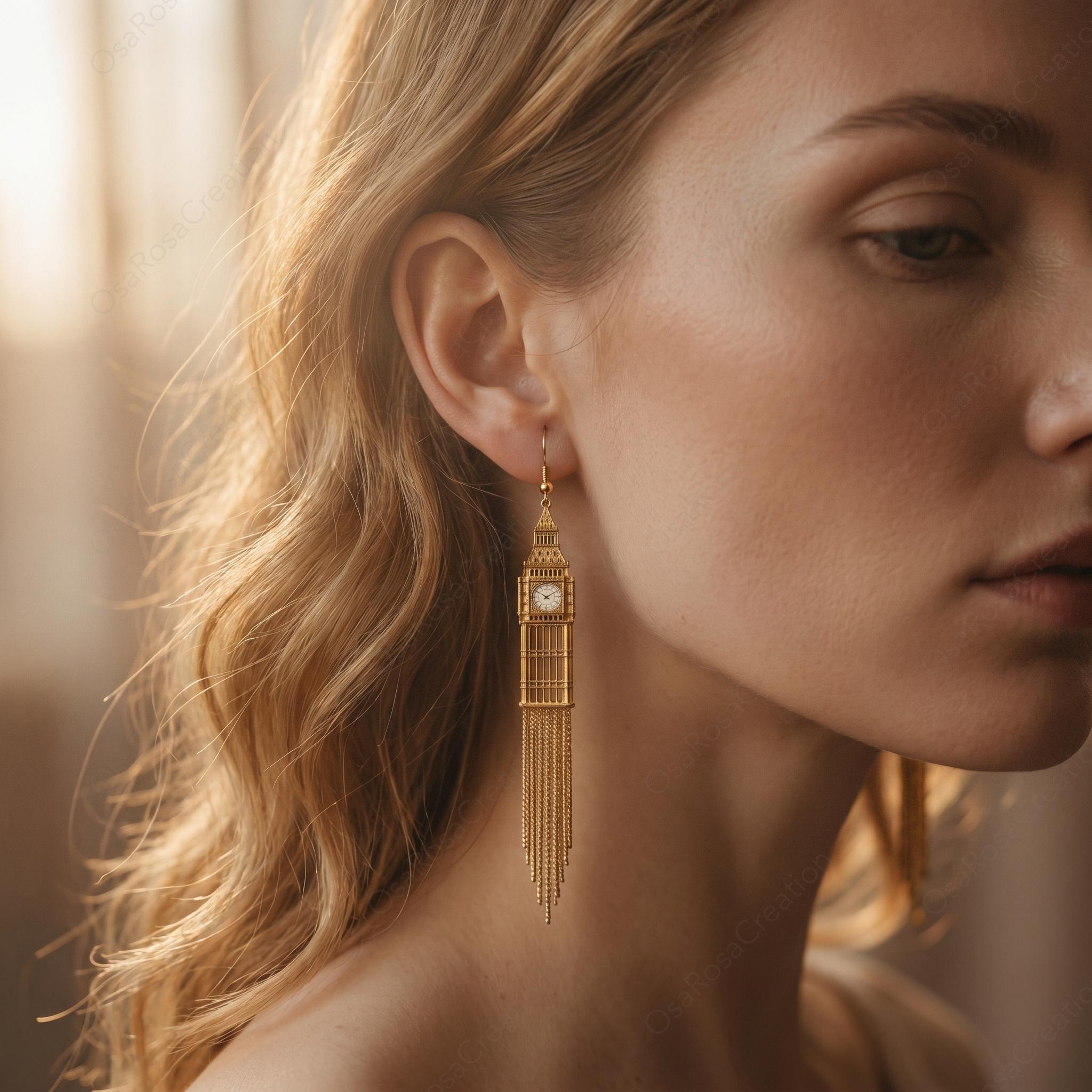 Big Ben Dangle Earrings, Architectural Tassel Drop Earrings