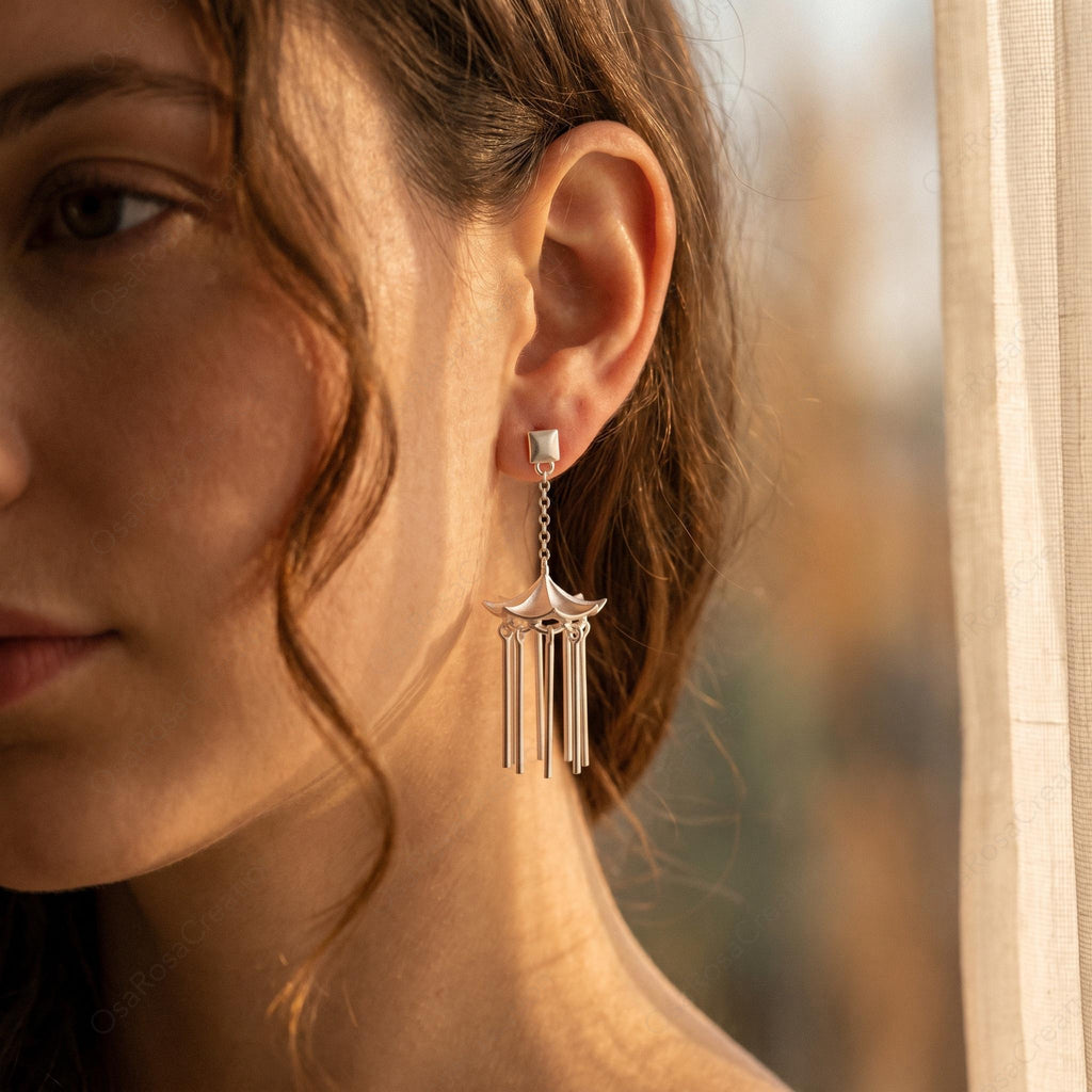 Silver Pavilion Tassel Earrings, Architectural Dangle Earrings, Minimalist Chandelier Drops, Geometric Art Jewelry