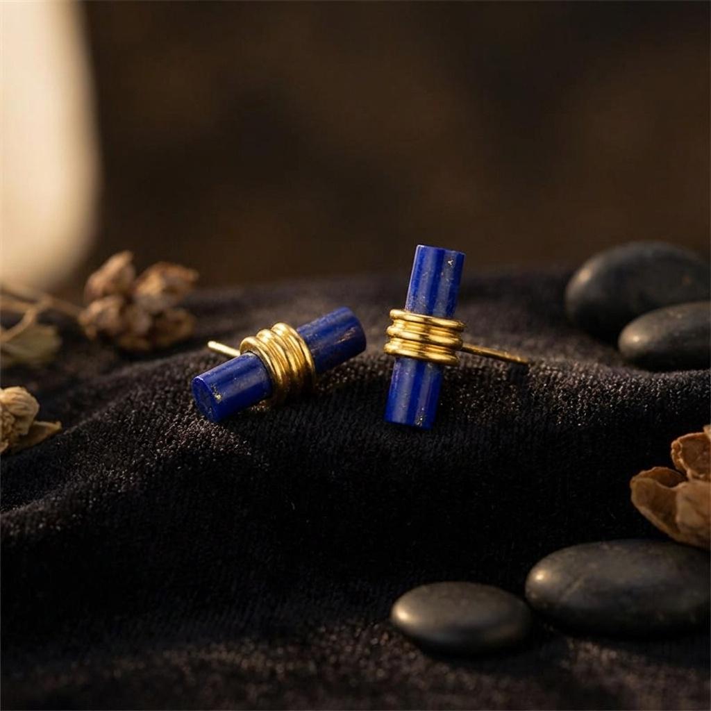 Lapis Lazuli Bar Studs • Gold Wire Wrapped Sterling Silver Posts
