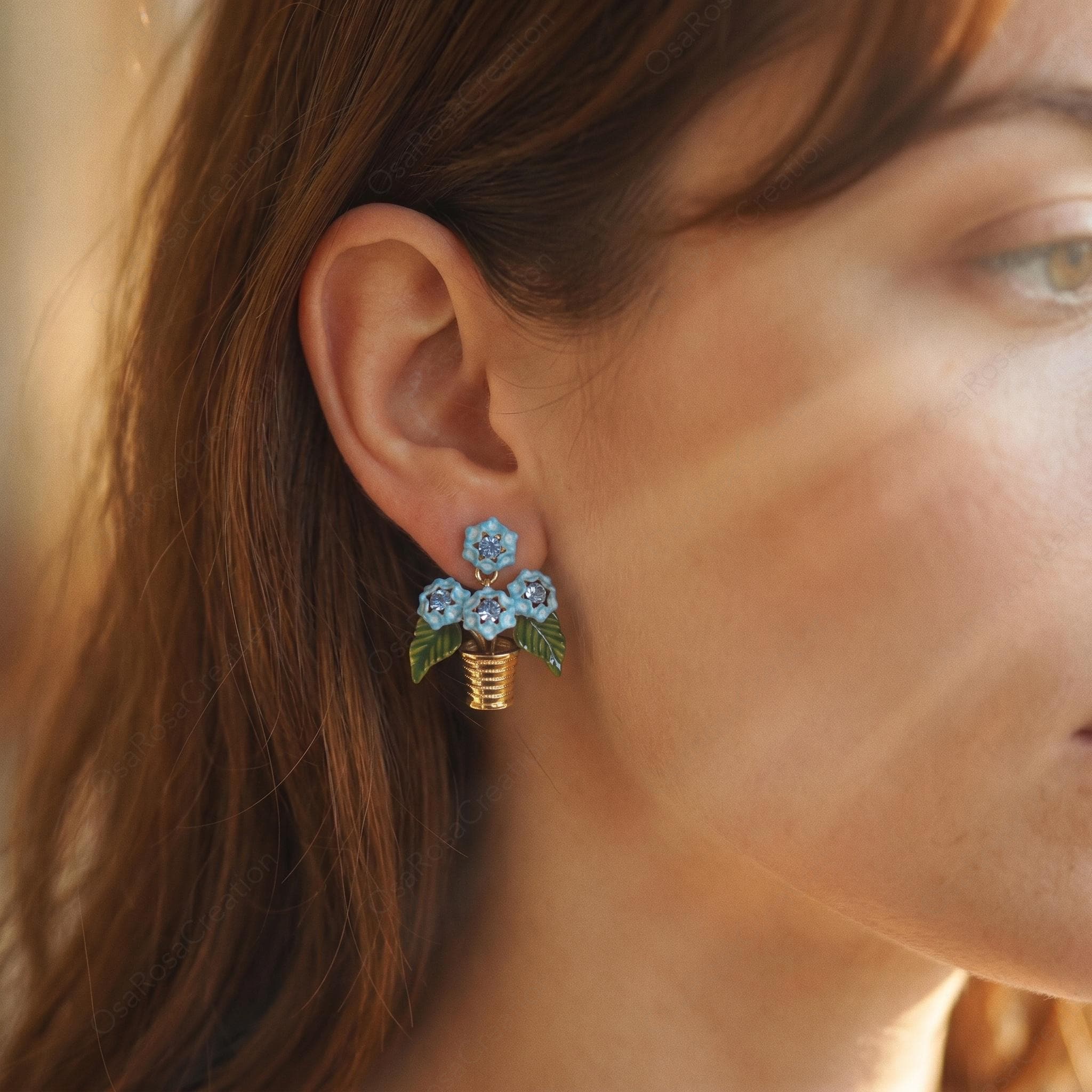 Blue Floral Basket Earrings, Vintage Enamel Flower Studs, French Garden Jewelry, Botanical Gold Earrings, Elegant Spring Accessory
