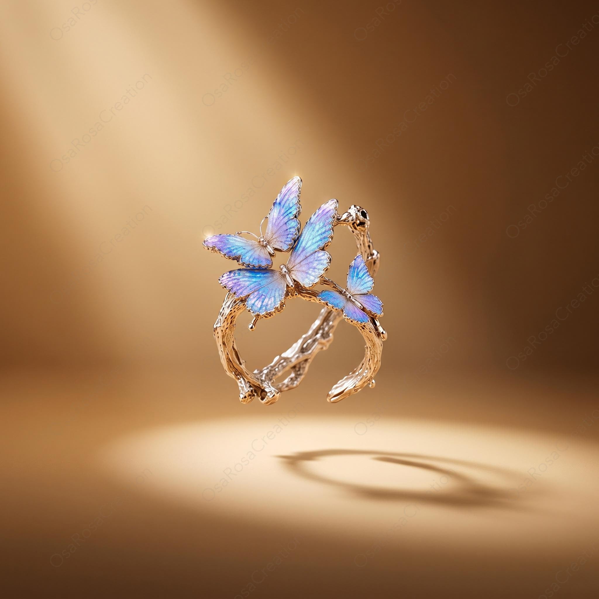 Enamel Butterfly Ring, Platinum-Plated Brass Branch Band, Nature Inspired Jewelry