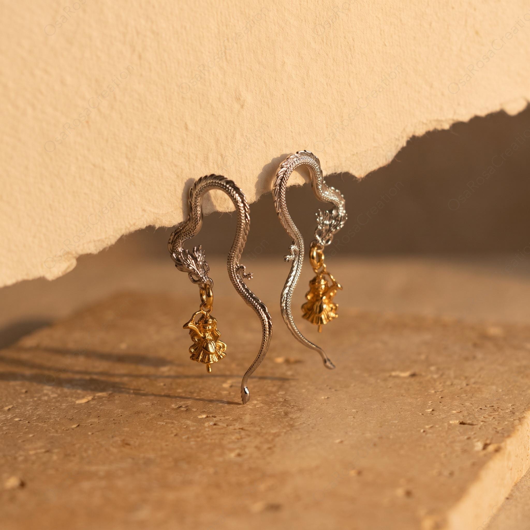 Silver Dragon Drop Earrings with Gold Fairy Charm Sculptural