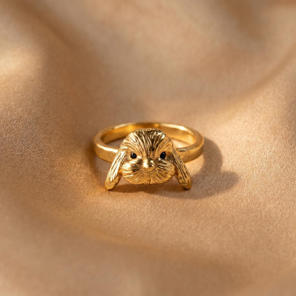 Sculptural Lop Bunny Ring, Gold Plated Brass, Vintage Style Animal Jewelry