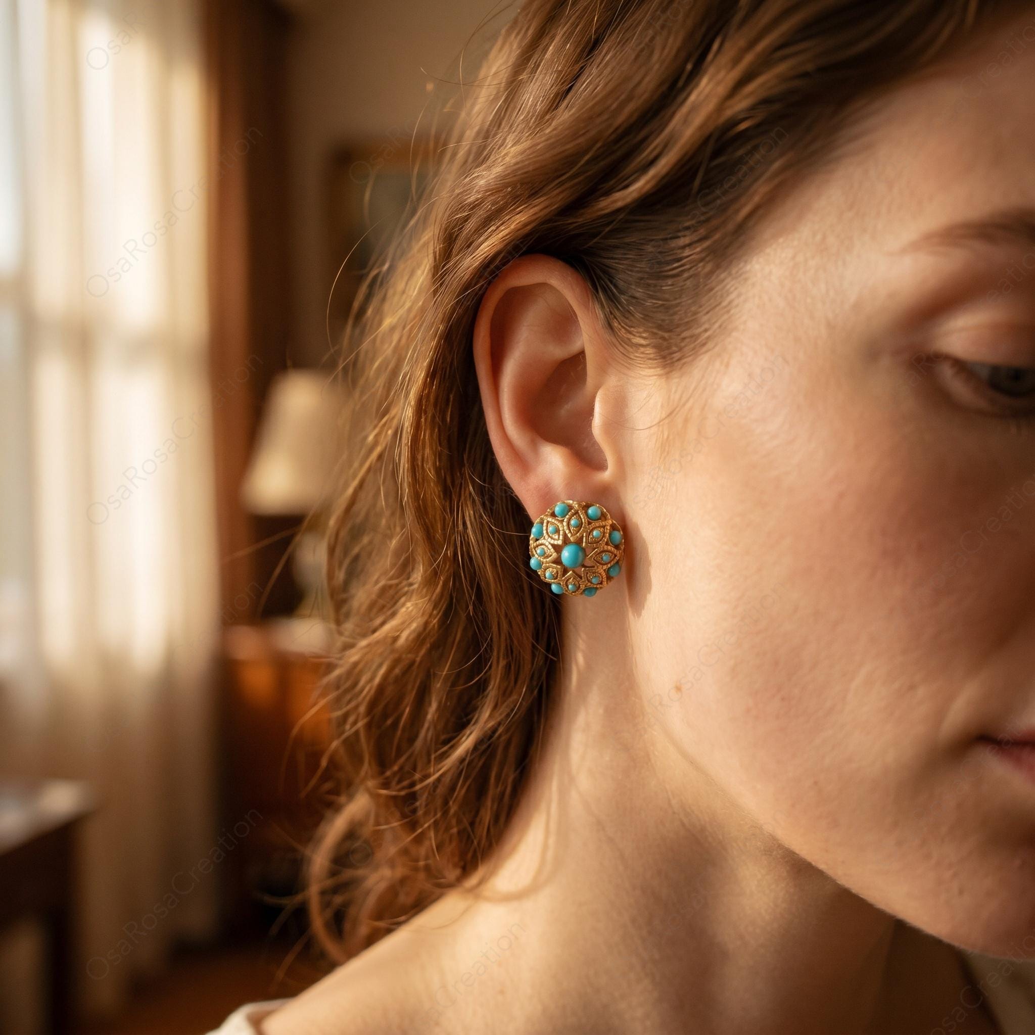 Vintage Style Turquoise Stud Earrings, Gold Filigree Floral Earrings, Mediterranean Art Deco Jewelry, Elegant Statement Earrings for Women