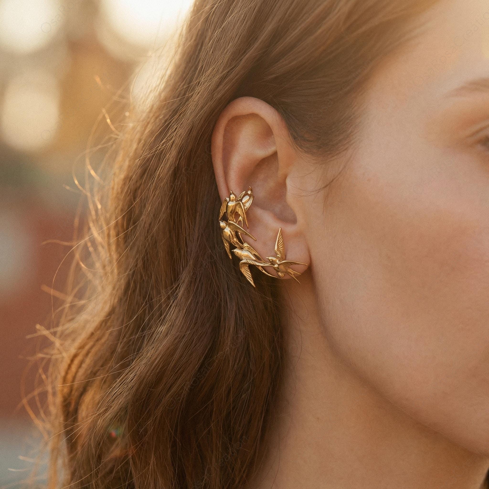 Gold Swallow Flock Earrings: Sculptural Bird Clip-on, Nature Inspired Artistic Jewelry