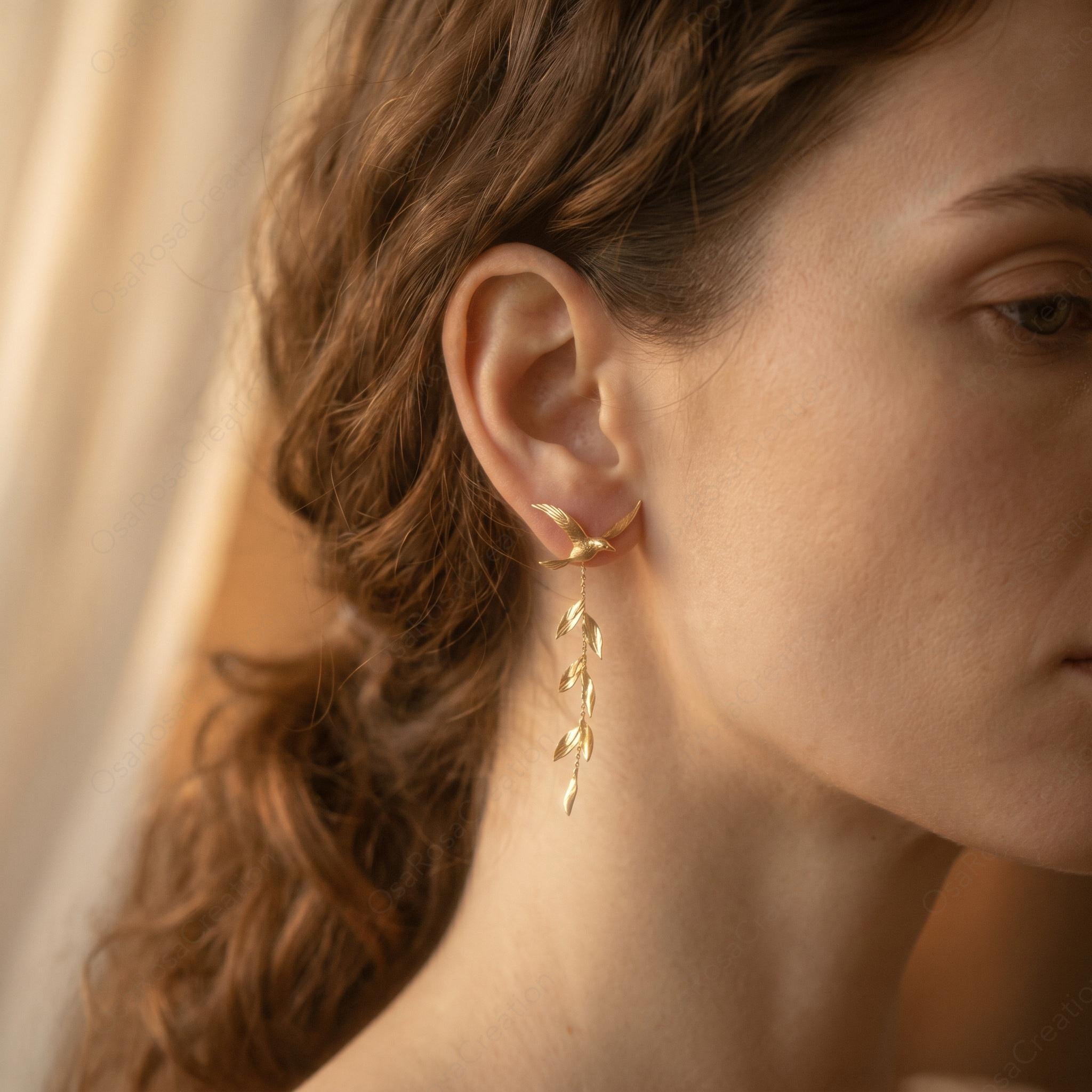 Gold Swallow Earrings • Olive Branch Dangle, Boho Bridal • 18K gold plated