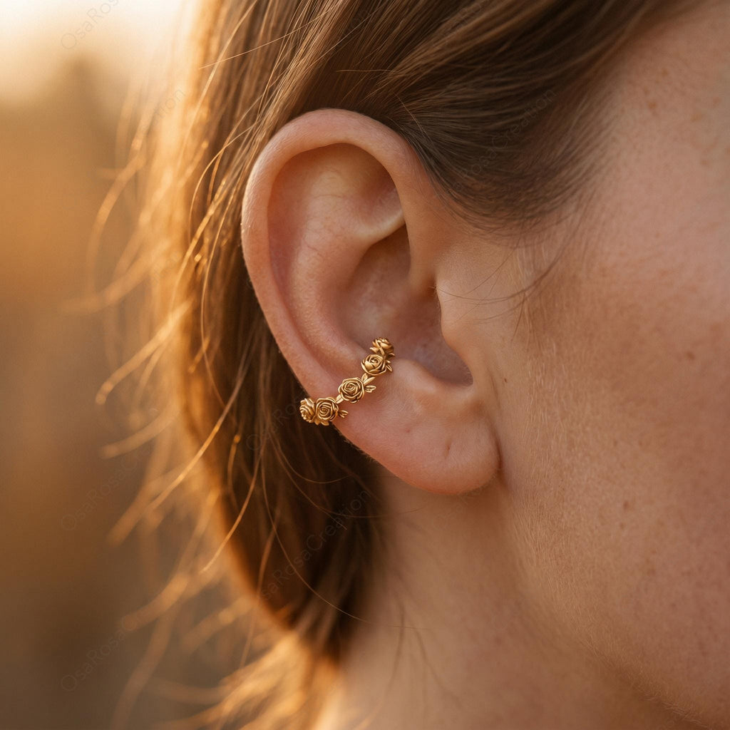 Vintage Botanical Sculpted Floral Ear Cuff - Gold-Plated Brass Rose Jewelry