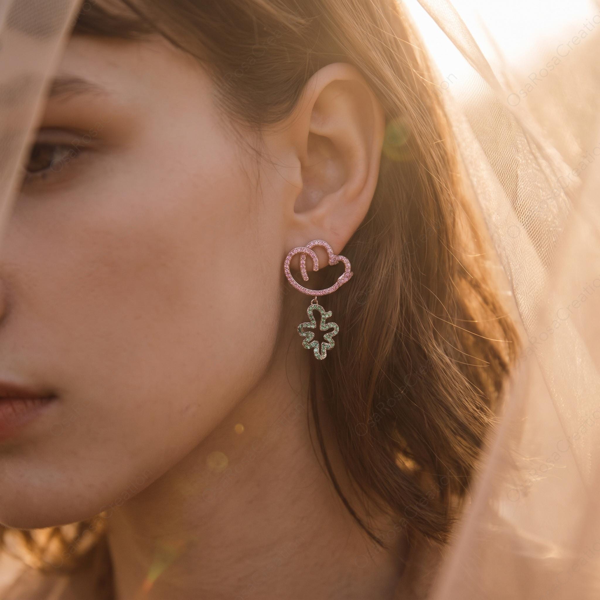 Whimsical Cloud Floral Dangle Earrings, Pastel Botanical Garden Jewelry