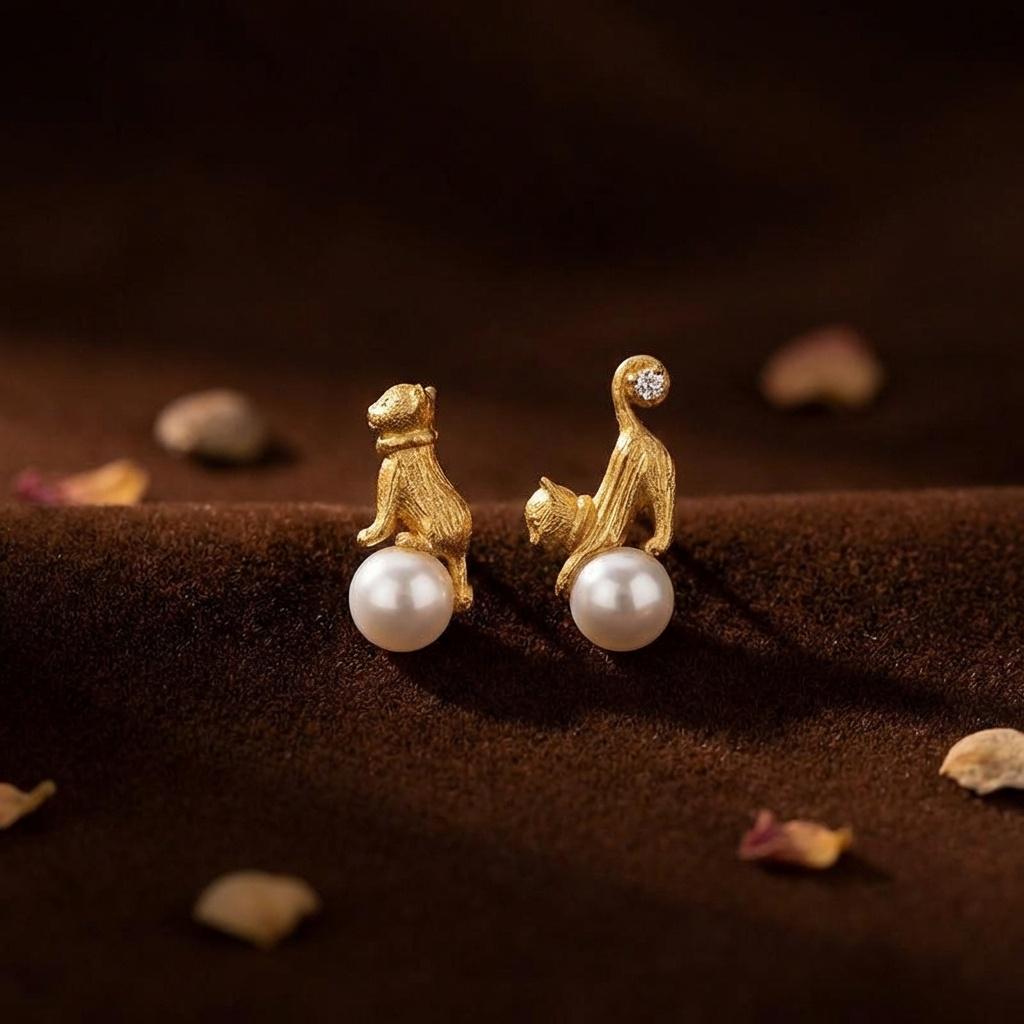 Textured Gold Cat Pearl Earrings • Playful Kitten Studs, Mismatched Animal Jewelry
